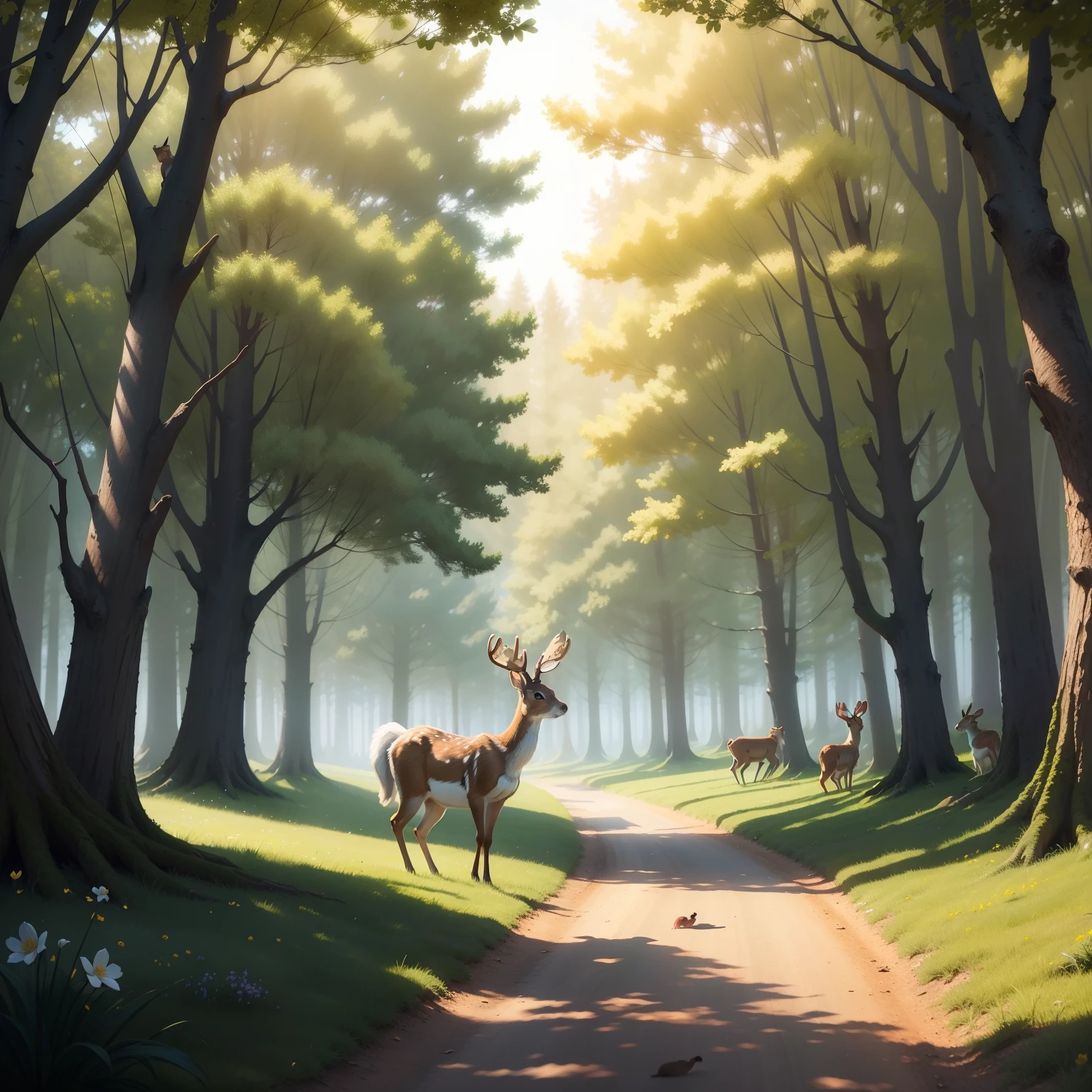 Spring season, sunny day in the enchanted forest, there is a deer in the distance, a squirrel, birds, rabbit