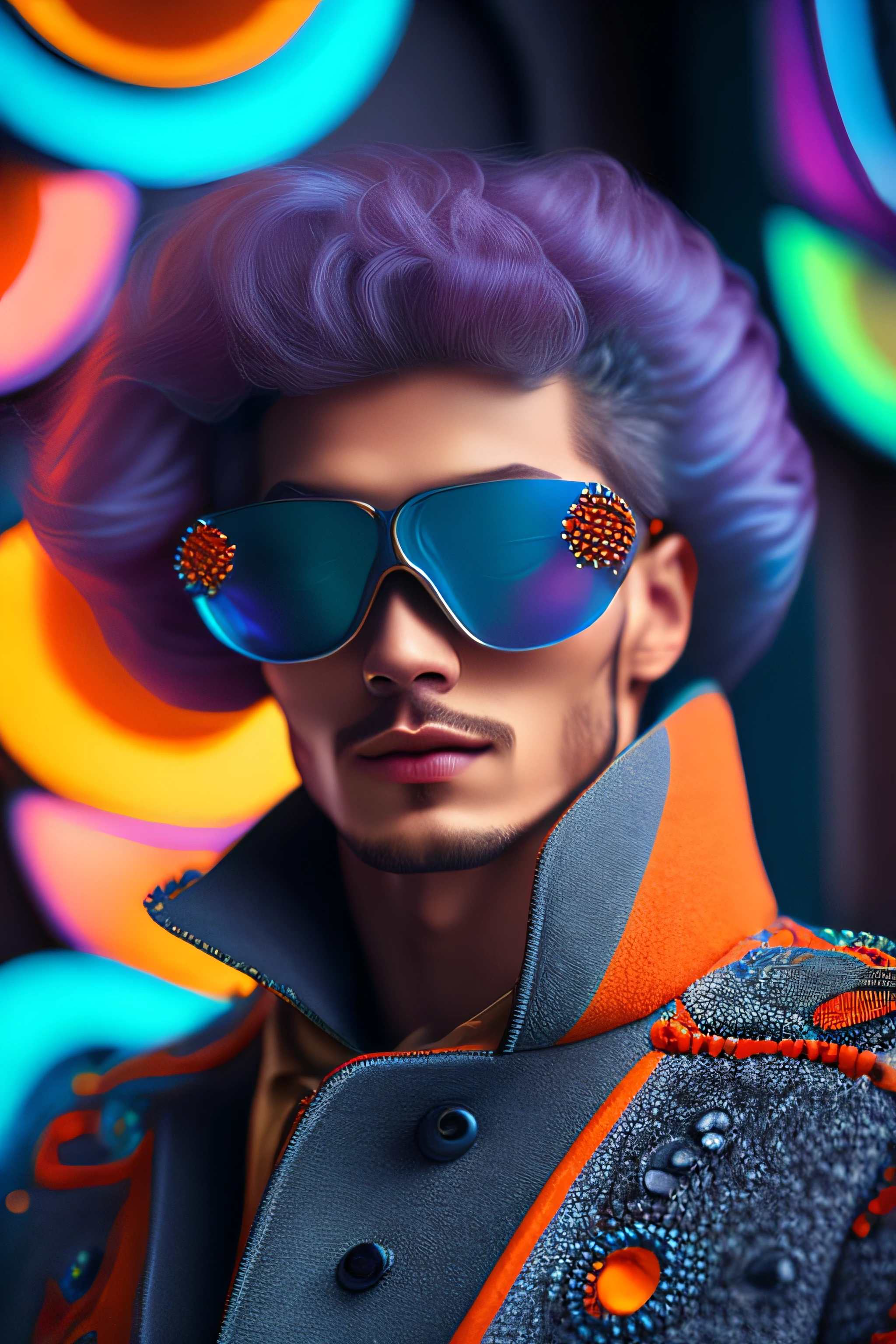 (portrait fashionista man middle ages 1950s with intricate colorful trendy glossy polarized goggle), flufly clorful hair, smily expression, (Extremely Detailed digital photography:1.2), standing in middle of city, (((full body))), raw picture, ogue, Hasselblad, 50asa, f8, 12mm, glow effects, godrays, Hand drawn, render, 8k, octane render, cinema 4d, blender, dark, atmospheric 4k ultra detailed, cinematic sensual, Sharp focus, humorous illustration, big depth of field, Masterpiece, colors, 3d octane render, 4k, concept art, trending on artstation, hyperrealistic, Vivid colors, rim light, extremely detailed CG unity 8k wallpaper, trending on ArtStation, trending on CGSociety, Pop Art style by  Yayoi Kusama, Intricate, High Detail, dramatic
,pure energy, light particles, sci-fi