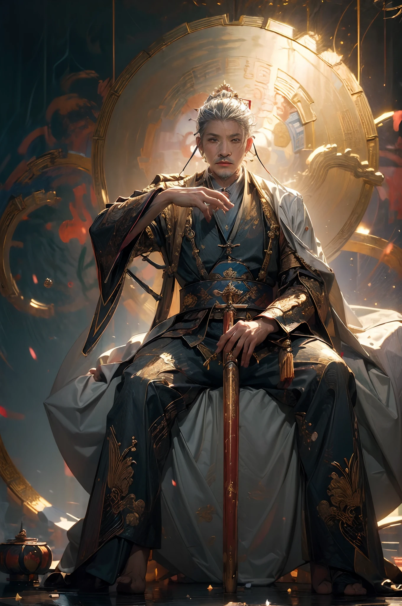 (masterpiece:1.8),best quality,taoist,skin textures, solo,a chinese wuxia man sitting in front of a halo of fire,transparent,realistic, in style of red and gold and dark