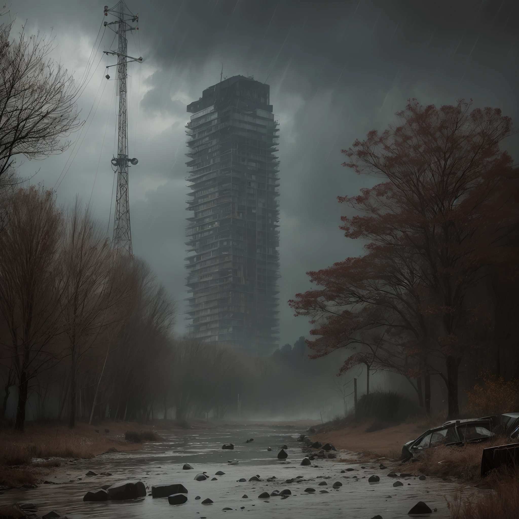 Post apocalyptic rascacielos rodeado de selva. Dark and gloomy day. Lluvia intensa y rayos. muy detallado. 8k. alta calidad. ultra detallada. fotorrealista. Pintura digital