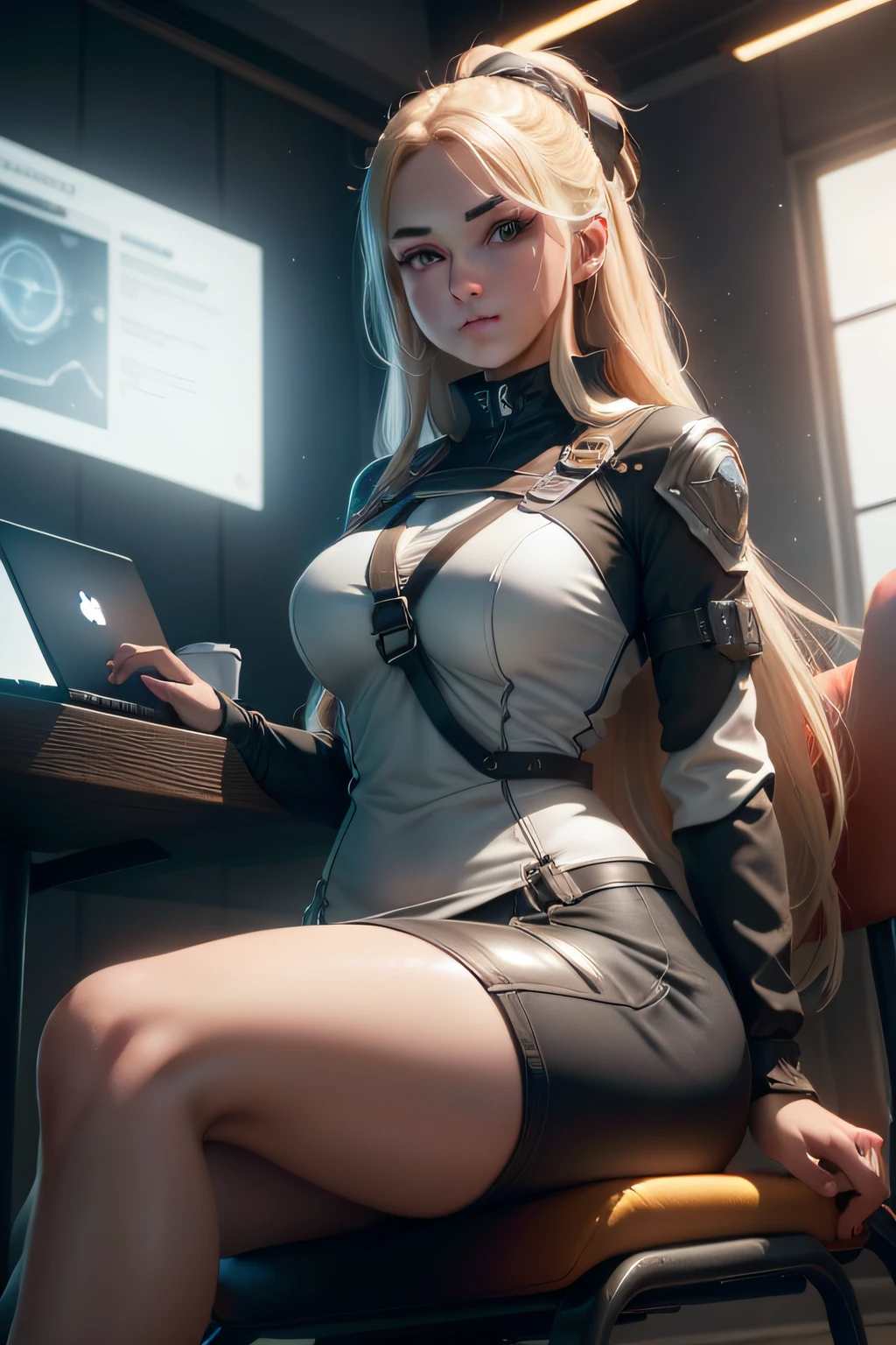 a girl studying with her laptop inside a coffee shop, (Studying:1.4), (laptop:1.4), (large coffee shop:1.4), (sitting:1.4), (Thick Body:1.4), (Long Blond Hair:1.4), Green Eyes, HDR (High Dynamic Range), Ray Tracing, NVIDIA RTX, Super-Resolution, Unreal 5, Subsurface Scattering, PBR Texturing, Post-Processing, Anisotropic Filtering, Depth-Of-Field ,Maximum Clarity And Sharpness, Multi-Layered Textures, Albedo And Specular Maps, Surface Shading, Accurate Simulation Of Light-Material Interaction, Octane Render, Two-Tone Lighting, Low ISO, White Balance, Rule Of Thirds, Wide Aperture, 8K RAW, Efficient Sub-Pixel, Sub-Pixel Convolution, (Luminescent Particles:1.4), {{Masterpiece, Best Quality, Extremely Detailed CG, Unity 8k Wallpaper, 3D, Cinematic Lighting, Lens Flare}},