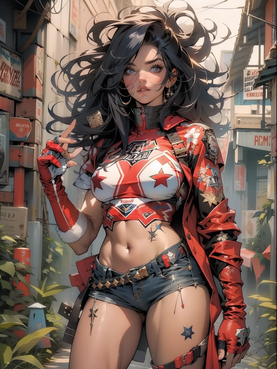 (((mulher))), (((melhor qualidade))), (((obra prima))), (((adulta))), Uma guerreira mulher de 35 anos com corpo perfeito, Brooklyn Gladiators, (( under boobs )), quase nua no estilo selvagem urbano de Simon Bisley para a capa da revista Heavy Metal, cabelo loiro, Minimum clothing, armadura (azul escuro com estrelas brancas e vermelho com listras brancas), cheio de pontas e rebites manchadas de tinta, tatuagem de estrelas de 5 pontas, (((corpo inteiro))), cabelo preto curto com franja branca cobrindo a testa