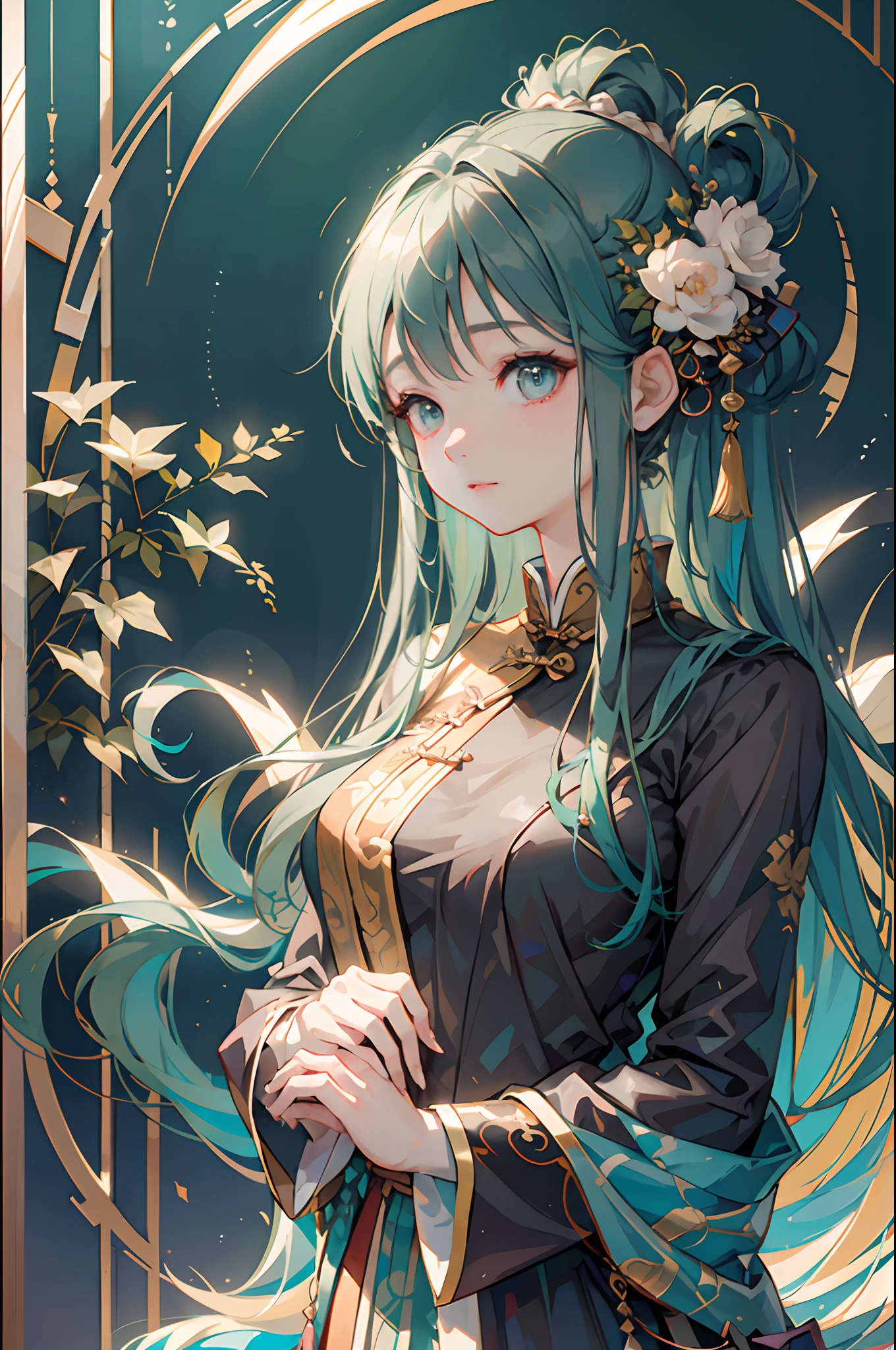 an illustration of a woman in traditional chinese costume, in the style of anime aesthetic, 32k uhd, blink-and-you-miss-it detail, beautiful, anime-inspired characters, beige and aquamarine, close-up,
