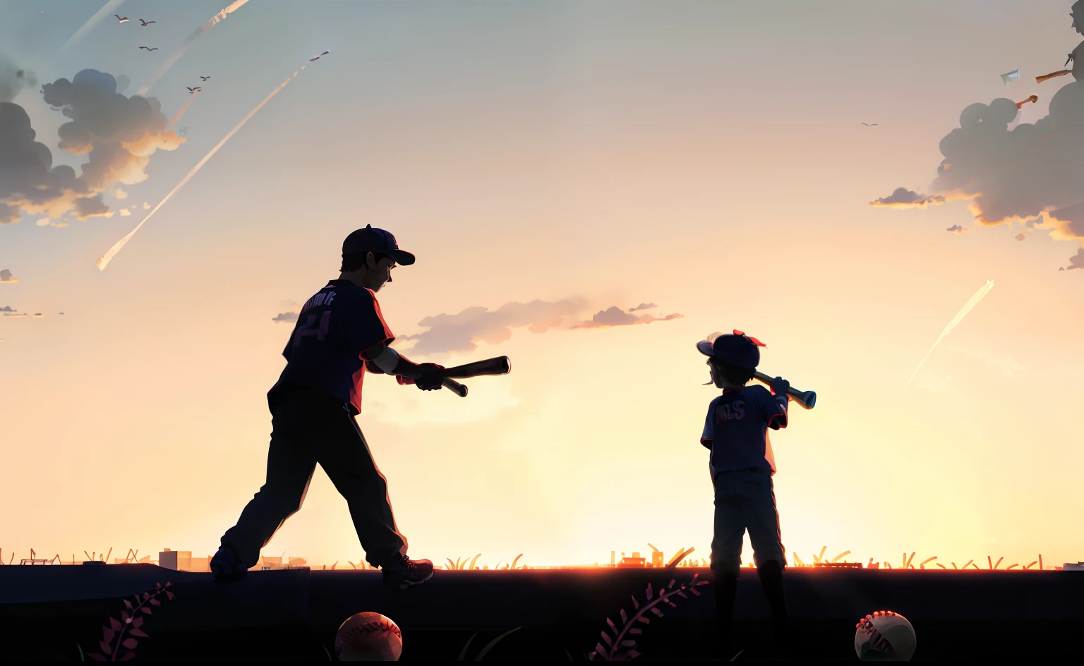 Father and son play baseball, Baseball jerseys, twilight, the sunset, Warm, The father taught his son to play baseball,Baseball field
