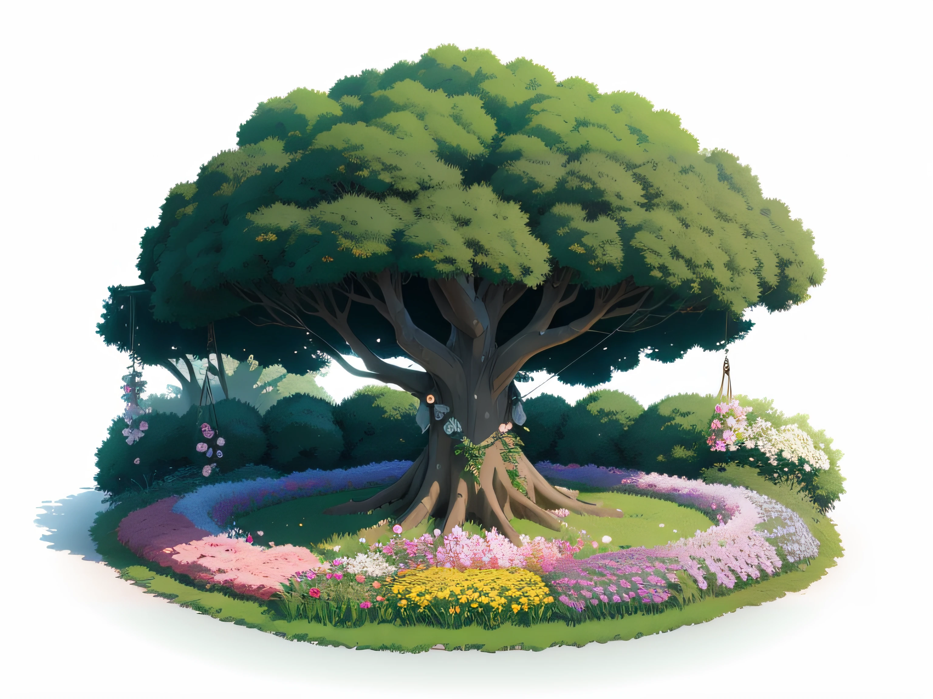 Fixed swing in a bush of flowers, Surrounded by flowers and vines, and birds, Ghibli-like colors, hyper HD, High detail, Anime style, Minimalism, high detail, Ghibli-like colours, anime style, first-person view, silhouette, Best quality, UHD, best quality