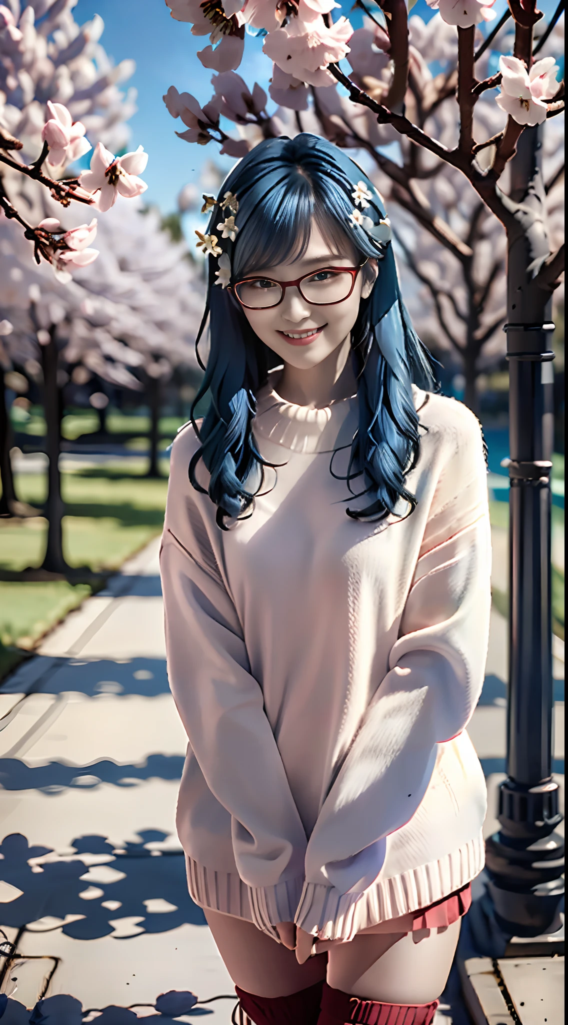 (blue hair+Small pink flowers:1.3+Big red eyes+gold-wire glasses:1.2+Intellectual beauty:1.1),White sweater,blackstockings,Under the blooming cherry blossom trees