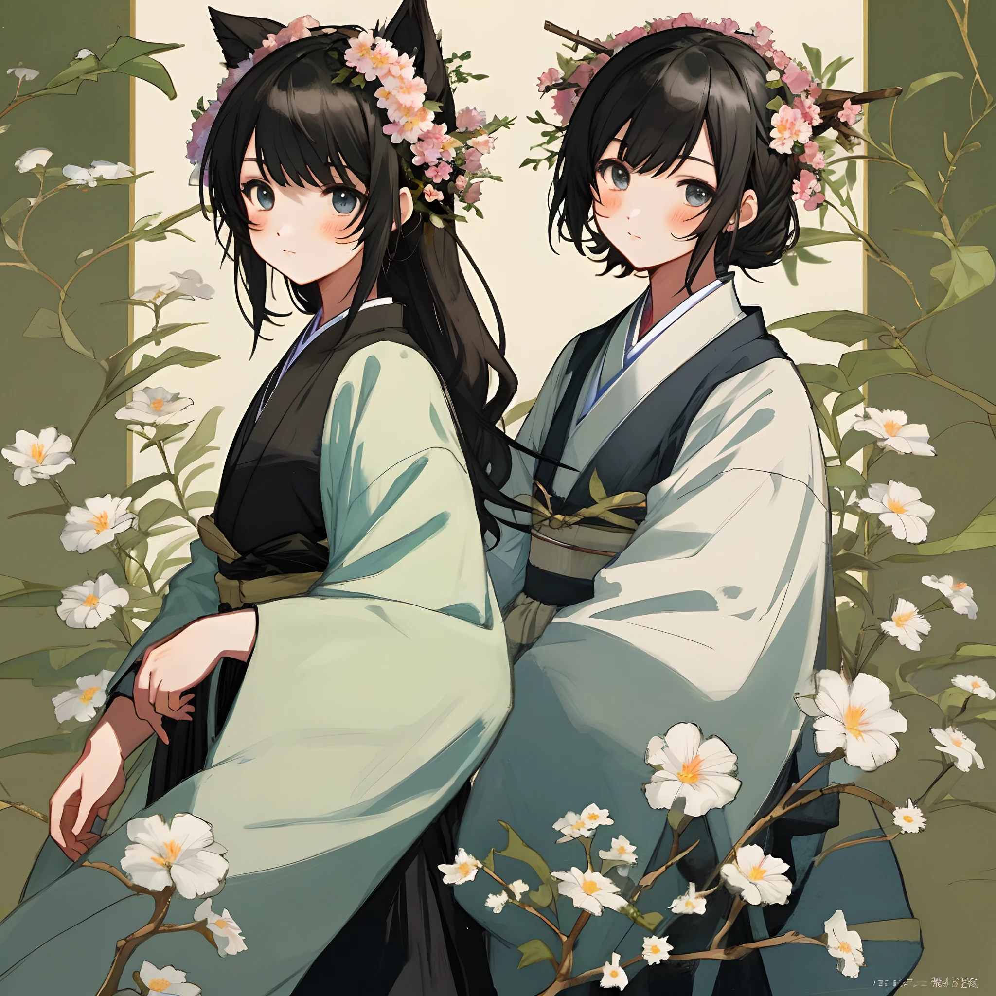 Oriental girl manga with flowers on the head cute