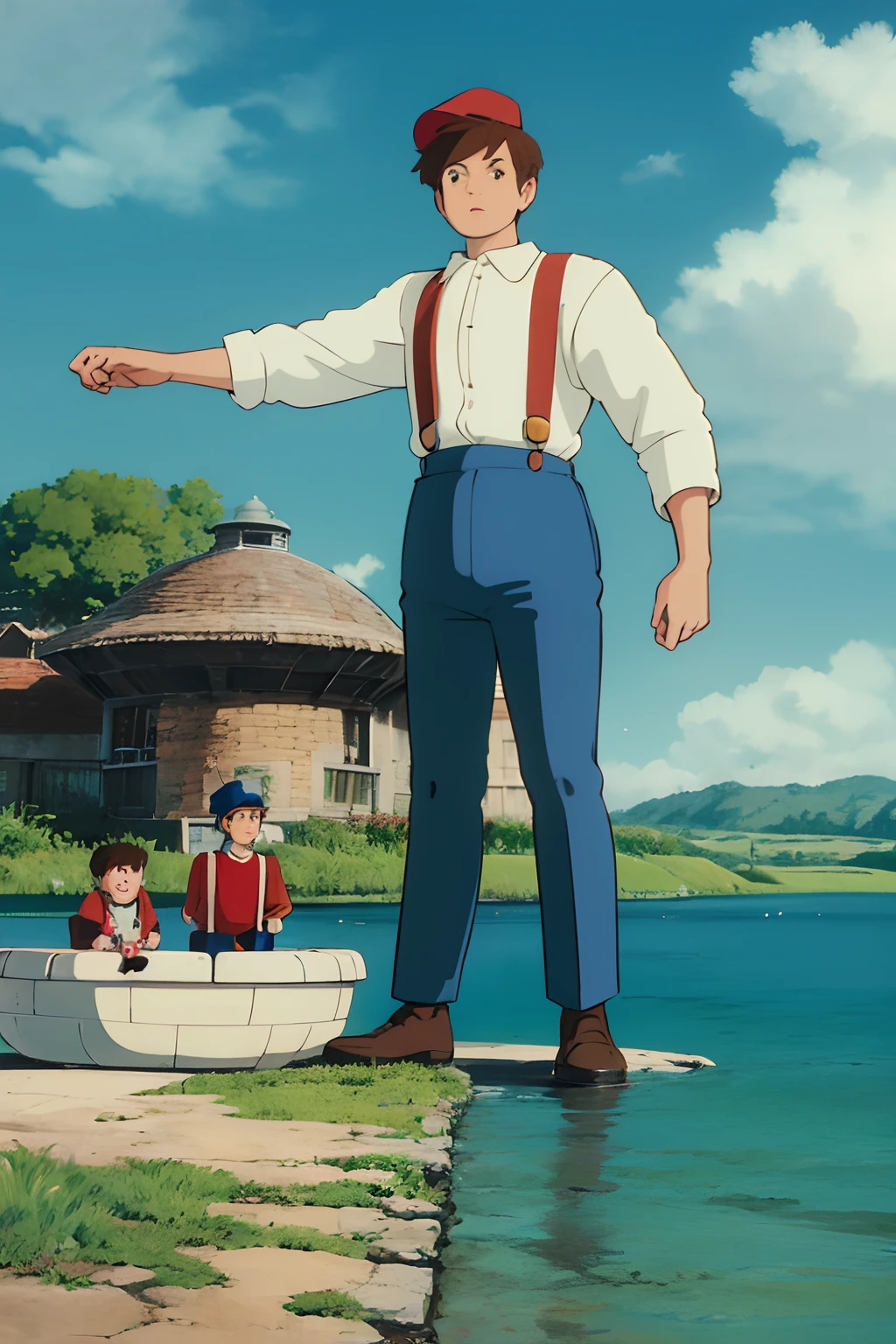 Ghibli style, 1boys, standing at, Red hat, (Brown hair:1.3), (Suspenders:1.3), Floating island, Laputa
