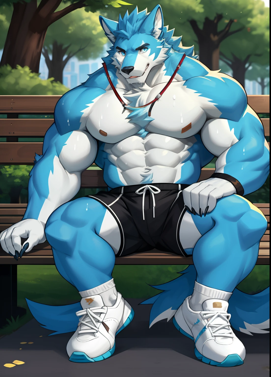 独奏,1boys, Male focus, Very muscular, chest muscle, muscles male, Sharp nails,parks, Long hairs, Blue fur,Thick legs,独奏,solo person,One man only!Blue pupil,eye closeup,full bodyesbian,athletic sneakers,bodily fluids,white legwear,Sitting on a park bench,Raise your feet,raise leg,lounge suit,suns