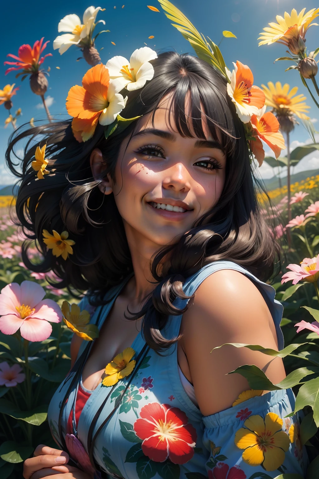 create a close up shot of a 30 year chubby 150 lbs. bronze native Hawaiian woman with jet black hair with a slight smile mouth closed in a field of Hawaiian flowers almost over her her, covered by many Hawaiian flowers and joy.