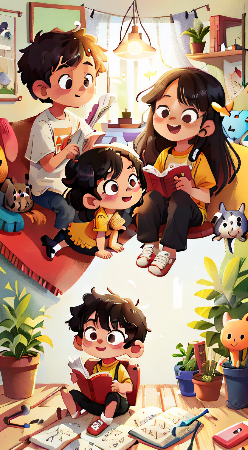 2 siblings,1 sister,(Black hair,White clothes, Red shoes, long whitr hair),My sister is reading,1 younger brother,(Black hair,Yellow top,Blue pants,short detailed hair),The younger brother is playing with toys,Car,White puppy,Daily manga hairstyle,Blue sky,having fun,jumpping,cheerfulness,(tmasterpiece),Extremely detailed picture details,ultra HD picture quality,(8k wallpaper)
