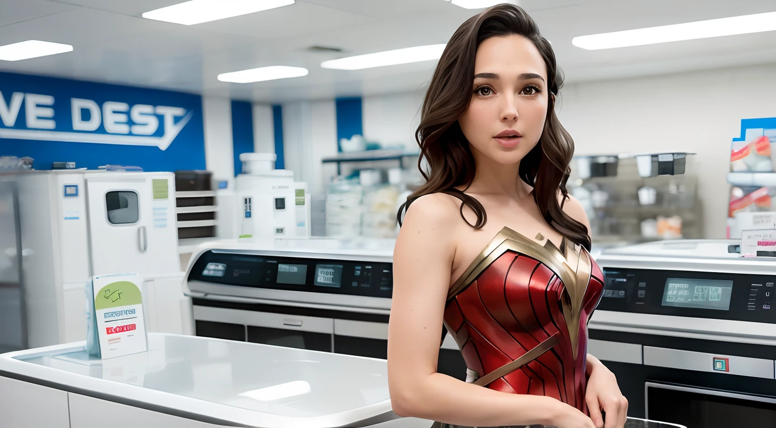 Gal Gadot as a salewoman, selling dishes washing machine. High definition. (In a shop full of dishes washers). wonder woman clothing