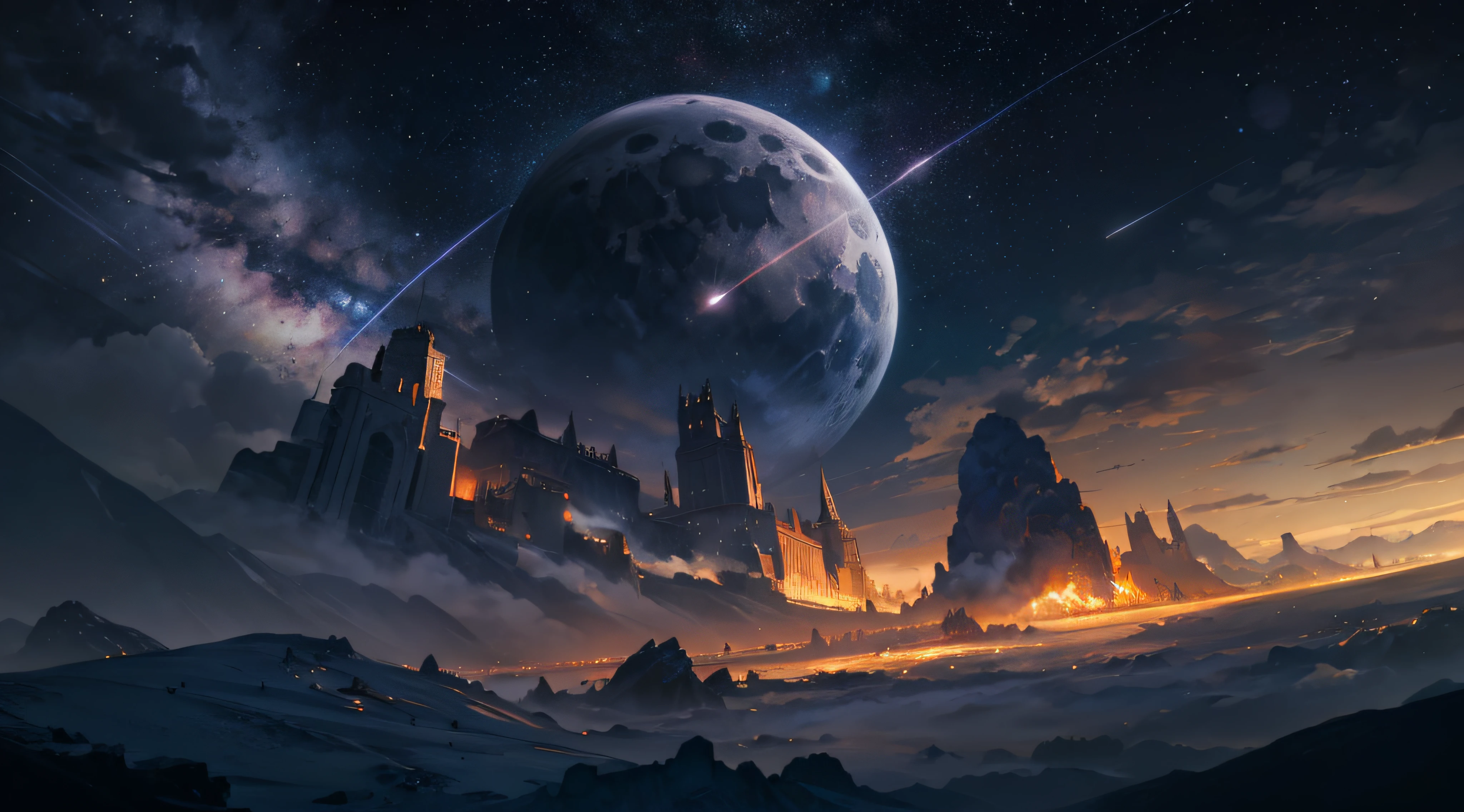 Expansive landscape photograph，（moon full：1.2），（meteors：0.9），（Starcloud：1.3），（Warm light source：1.2），（glowworm：1.2），lamp lights，Lots of purple and orange，Complicated details，Volumetriclighting，Realism BREAK（tmasterpiece：1.2），（best qualtiy），8K，Ultra-detailed，（dynamic compositions：1.4），The is very detailed，Colorful details，（Irridescent color：1.2），（luminouslighting，Atmospheric lighting），dream magical，magical，（独奏：1.2），（（best qualtiy））， （（tmasterpiece））， （the detail：1.4），depth of fields，maximum definition and sharpness，perfectly proportions，Fluttering clouds，Wallpapers