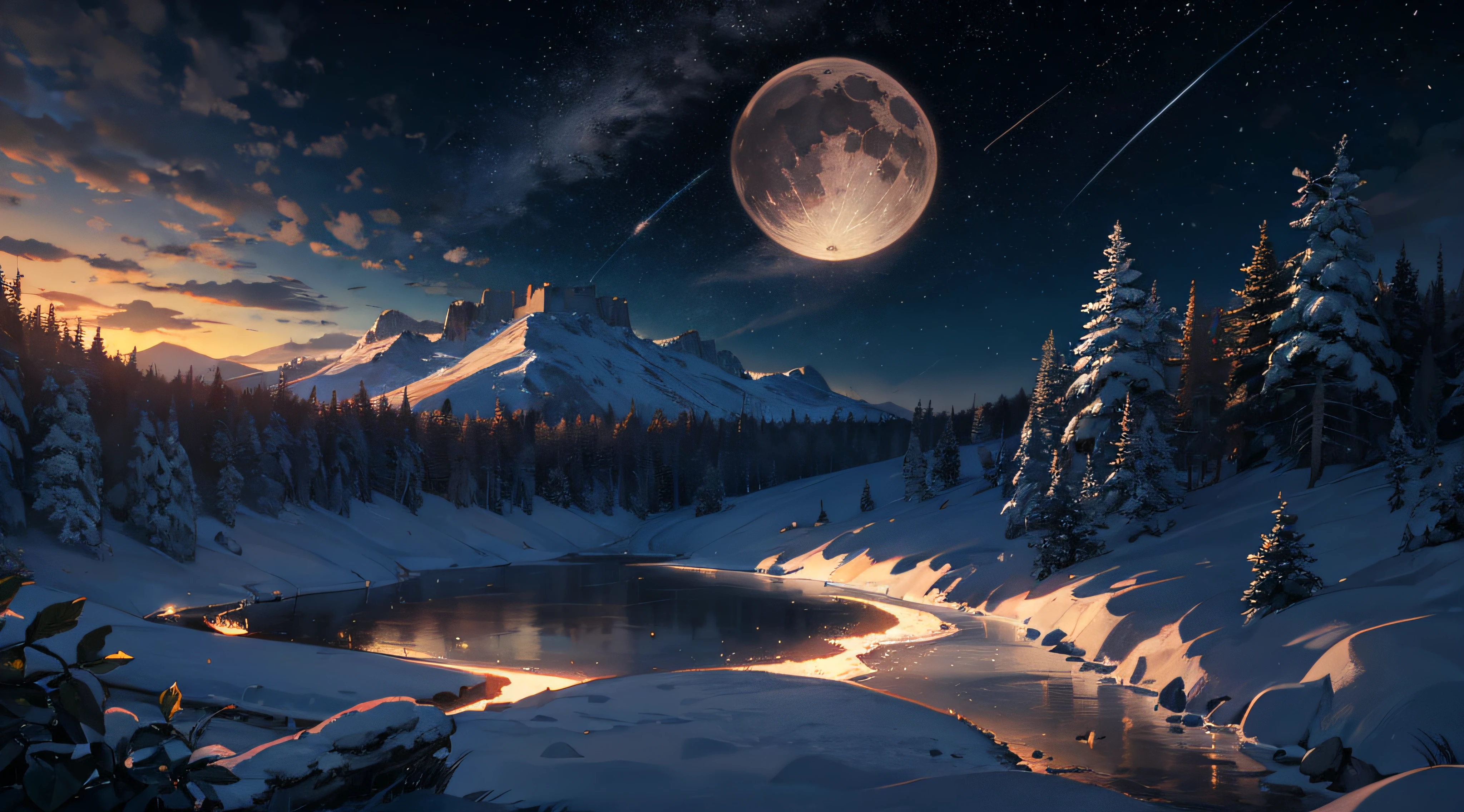 Expansive landscape photograph，（moon full：1.2），（meteors：0.9），（Starcloud：1.3），（Warm light source：1.2），（glowworm：1.2），lamp lights，Lots of purple and orange，Complicated details，Volumetriclighting，Realism BREAK（tmasterpiece：1.2），（best qualtiy），8K，Ultra-detailed，（dynamic compositions：1.4），The is very detailed，Colorful details，（Irridescent color：1.2），（luminouslighting，Atmospheric lighting），dream magical，magical，（独奏：1.2），（（best qualtiy））， （（tmasterpiece））， （the detail：1.4），depth of fields，maximum definition and sharpness，perfectly proportions，Fluttering clouds，Wallpapers