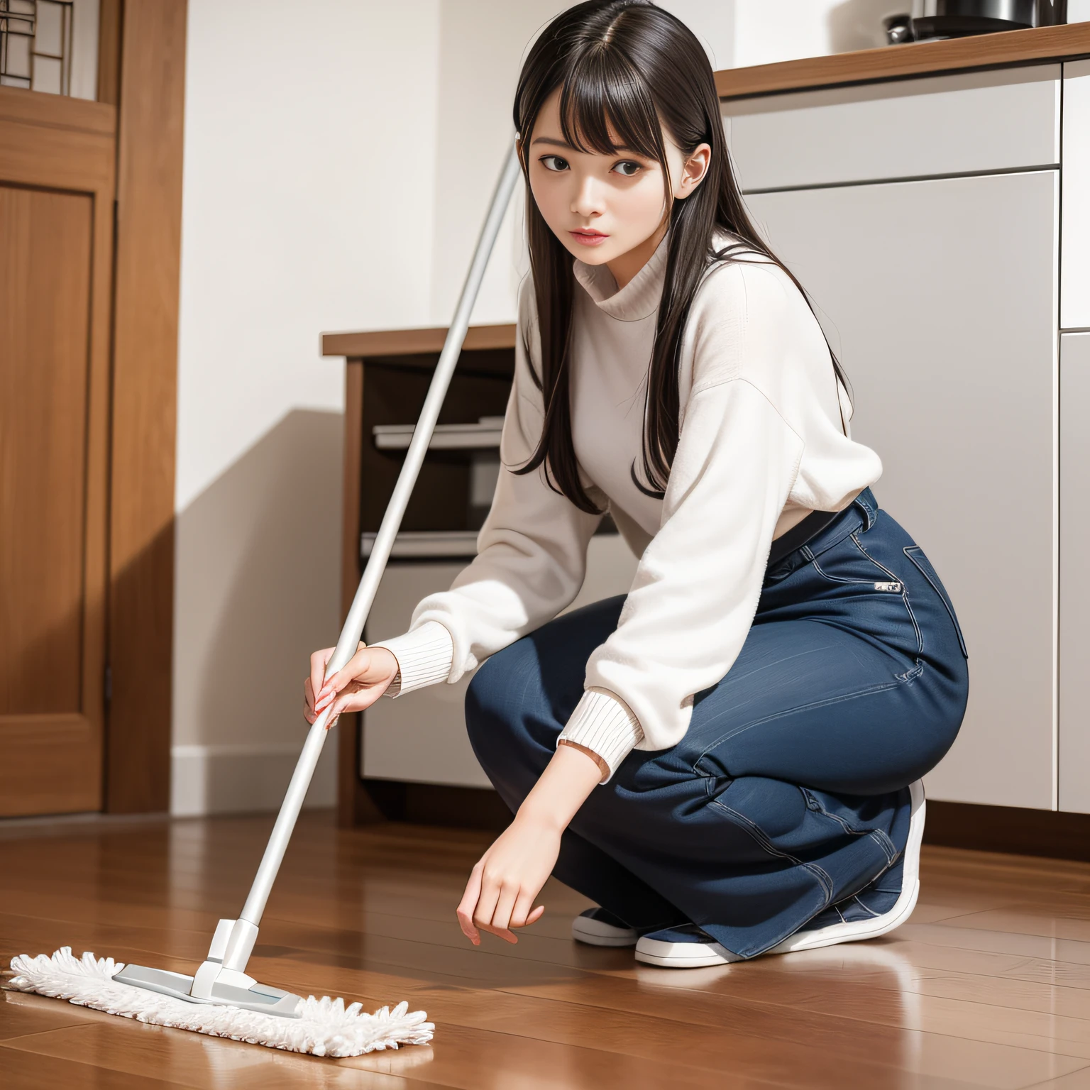 A 30-year-old Chinese woman stands mopping the floor with a mop，Another woman stood by，（2 people），sface focus