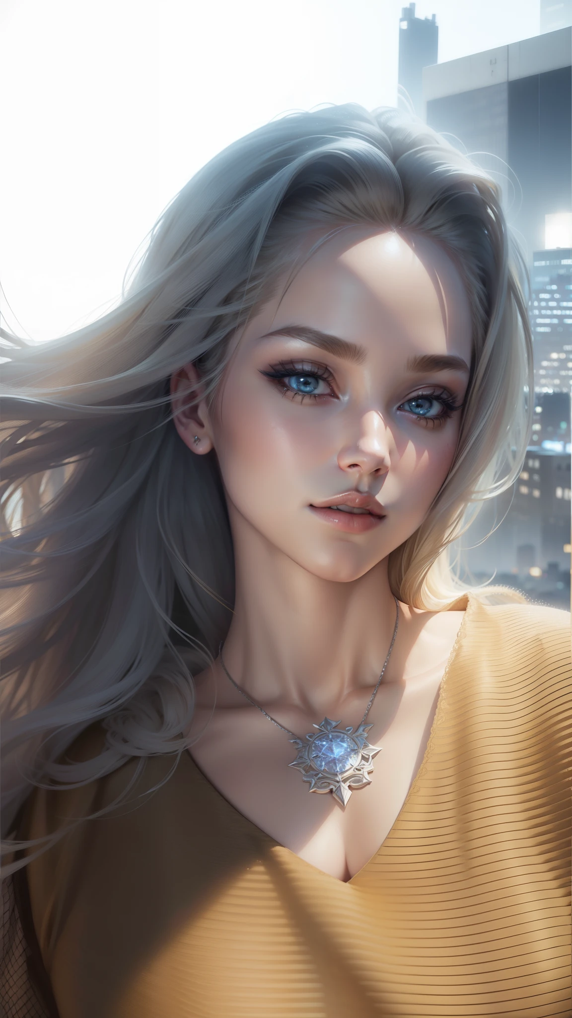 blonde hair, full body, best quality, ((ultra-detailed, ultra skin details)), detailed face, (photorealistic:1.4), , night, city view, silver dress