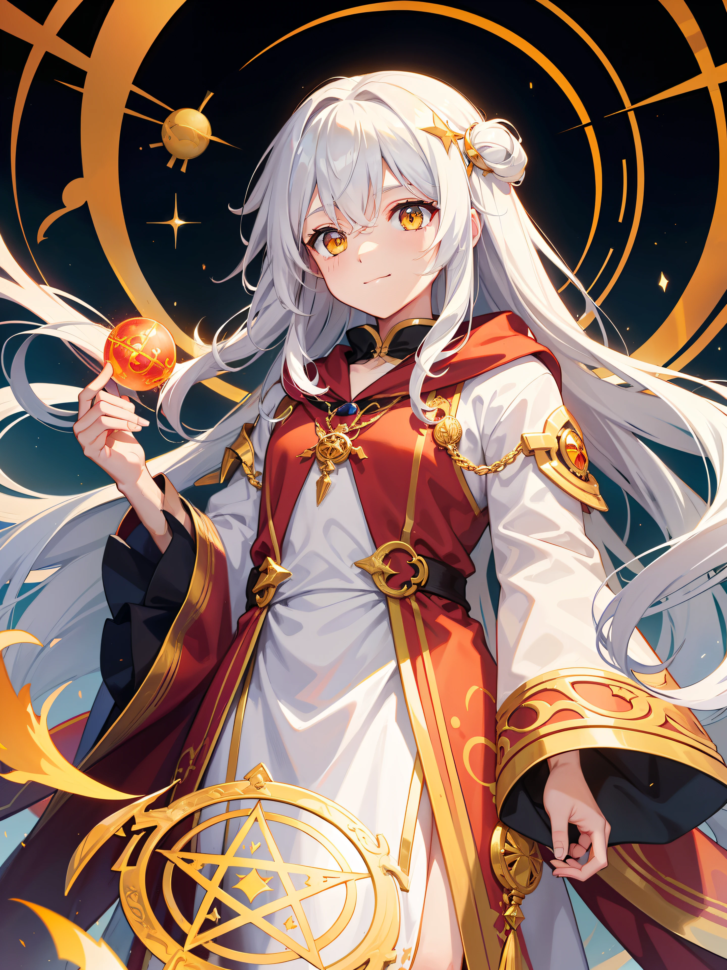 a pregirl,AS-Adult, Alchemist, A Phnom Penh magic book is spread out, chanting magic, On one side is a glowing red magic array, pentacle,Red fireball,Countless knowledge,Alchemy,Golden mage robes, There are white magic runes, The runes sparkled,There are floating flames around you, Silver hair, Long hair, Wavy hair, Floating hair, Yellow eyes, long eyelasher, Contemplative, Thinking, Light smile, Masterpiece, Anatomically correct, Best quality