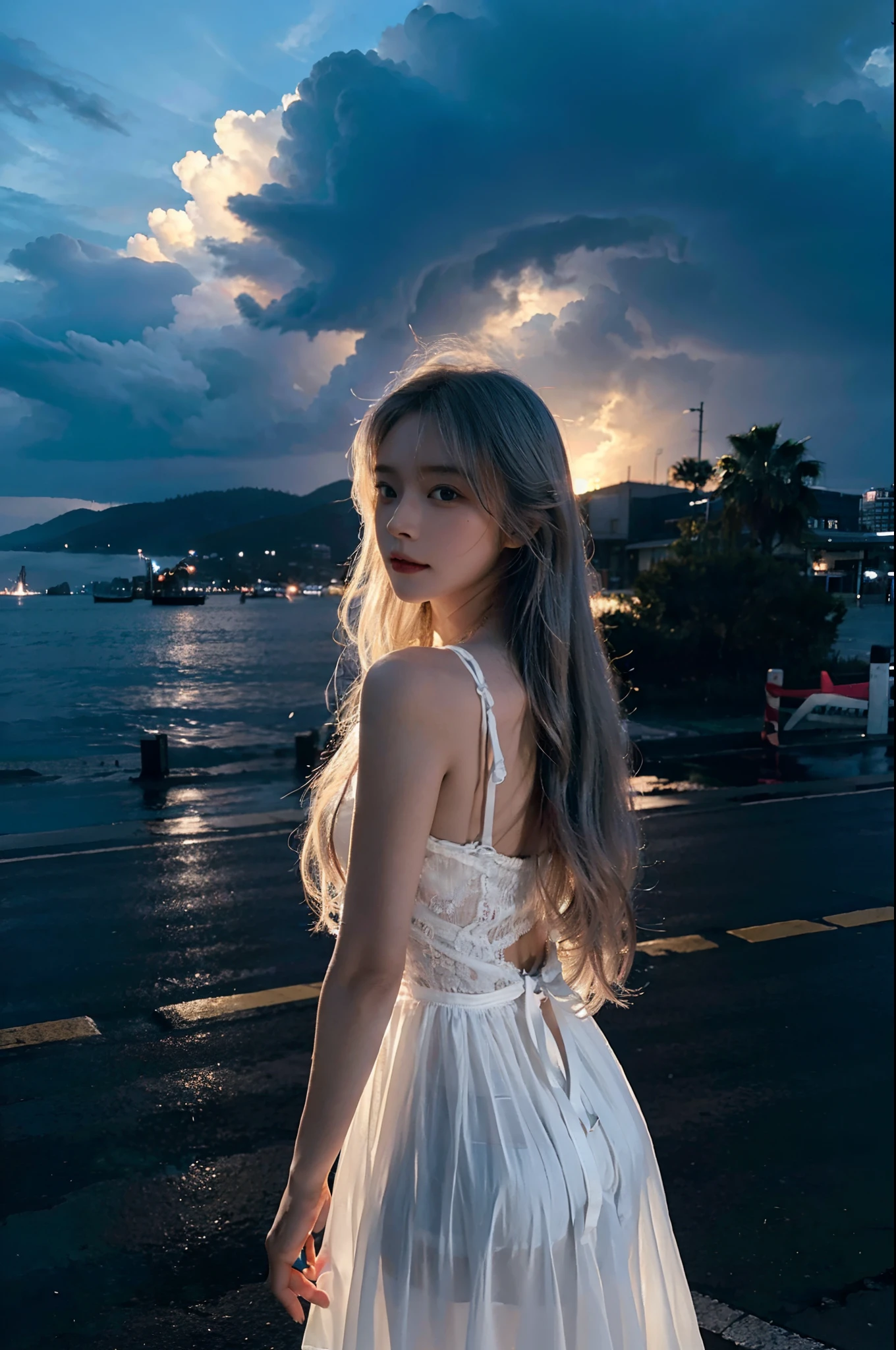 {character focus}, {best quality}, {{masterpiece}}, {highres},cinematic lighting,cinematic angle, volume lighting,{{contour deepening}},ultra-detailed,illustration,(backlighting),extremely detailed 8K wallpaper,highly detailed, center frame,  {{{1 girl}}},{loli},{standing},{white long hair},white dress,facing away, thundercloud,raining,storm,cityscape,dark sky,,