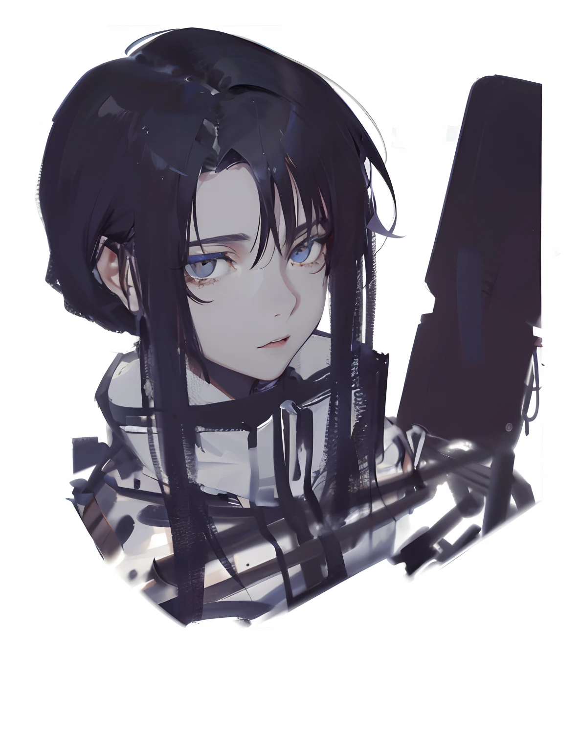 (Detailed beautiful eyes and detailed face,Masterpiece side light,tmasterpiece,best qualtiy,A detailed,high-resolution illustrations),(1 girl,beuaty girl,shiny skins,low head,looking at viewert),(Dark gray hair,Light golden eyes,white shirt,black long pants)(Side Body、Slender legs,The waist is very thin)(45-degree top view)