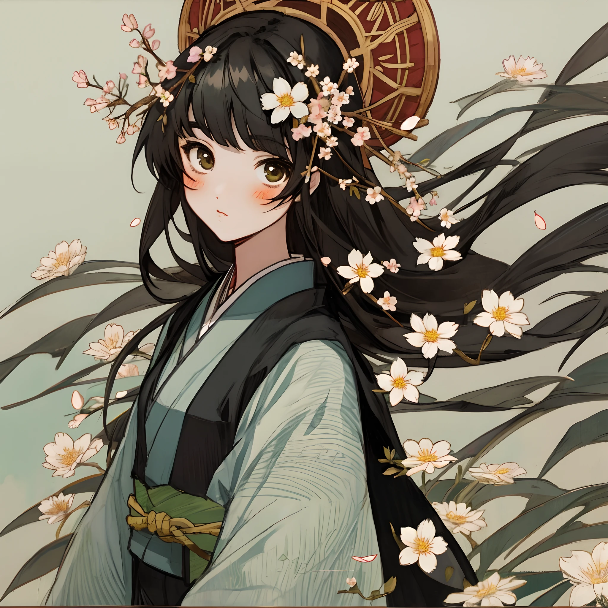 Oriental girl manga with flowers on the head cute