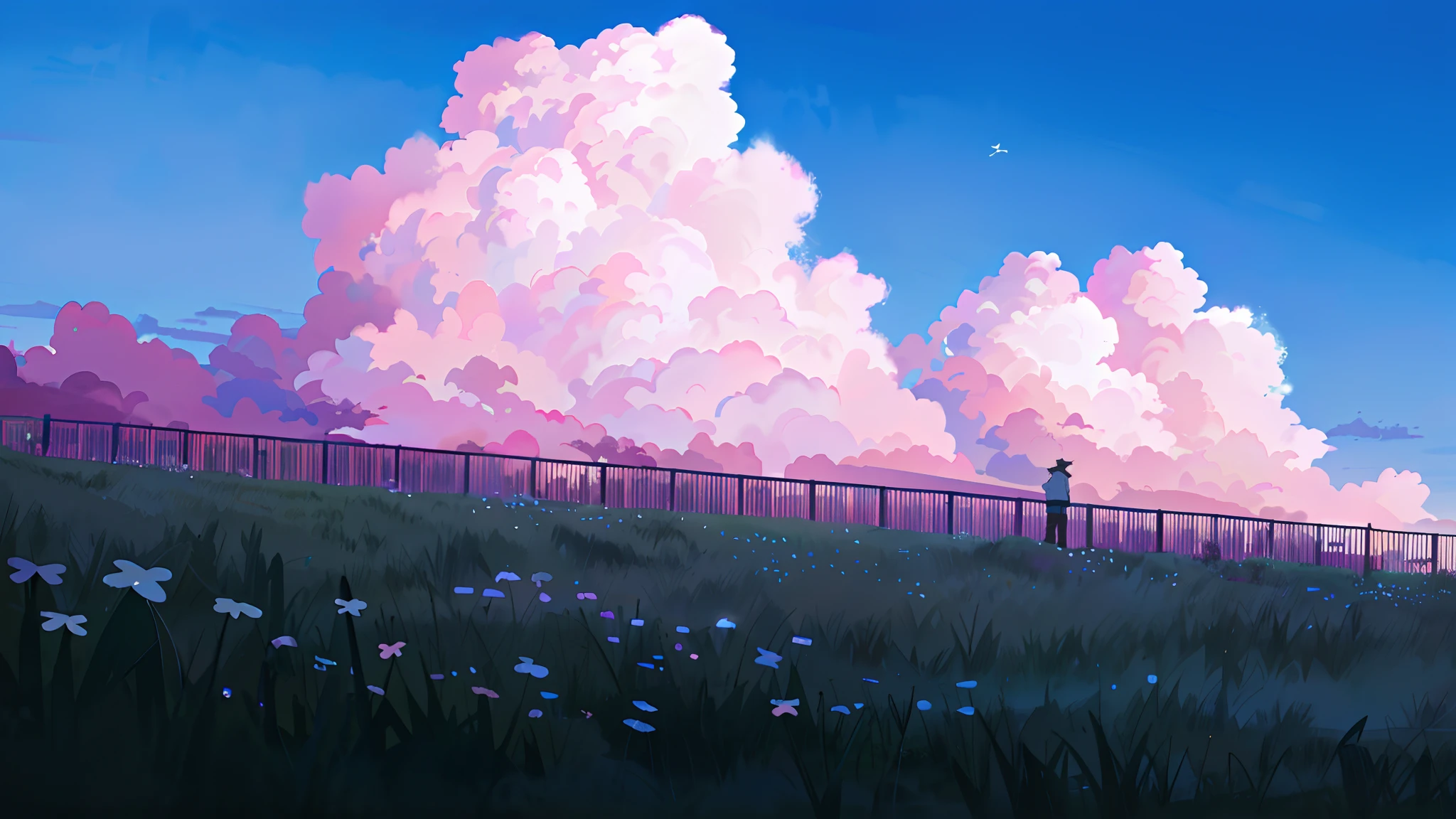 There was a man standing on a fenced hill, fluffy pink anime clouds, Anime Cloud, Anime landscape, anime countryside landscape, Anime landscapes, anime landscape wallpapers, Anime background art, beautiful anime scenery, anime backgrounds, beautifull puffy clouds. anime big breast, beautiful anime scenes, Anime Sky, anime beautiful peace scene, Ilya Kuvshinov landscape, anime atmospheric