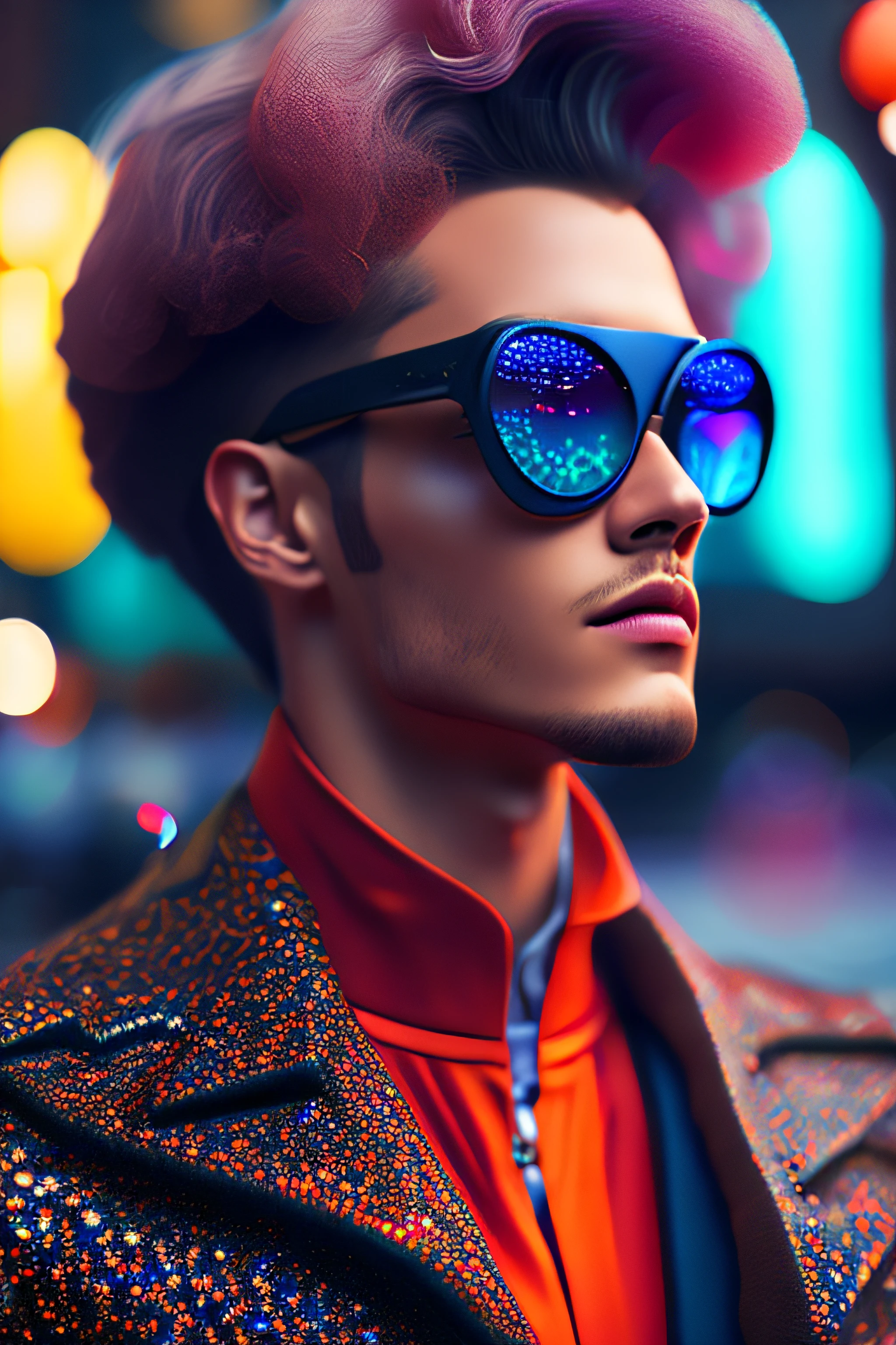 (portrait fashionista man middle ages 1950s with intricate colorful trendy glossy tinted goggle), fluffy c0lorful hair, smilingly expression, (Extremely Detailed digital photography:1.2), standing in middle of city, (((full body))), raw picture, analogue, Hasselblad, 50asa, f8, 12mm, glow effects, godrays, Hand drawn, render, 8k, octane render, cinema 4d, blender, dark, atmospheric 4k ultra detailed, cinematic sensual, Sharp focus, humorous illustration, big depth of field, Masterpiece, colors, 3d octane render, 4k, concept art, trending on artstation, hyperrealistic, Vivid colors, rim light, extremely detailed CG unity 8k wallpaper, trending on ArtStation, trending on CGSociety, Pop Art style by Yayoi Kusama, Intricate, High Detail, dramatic
,pure energy, light particles, sci-fi