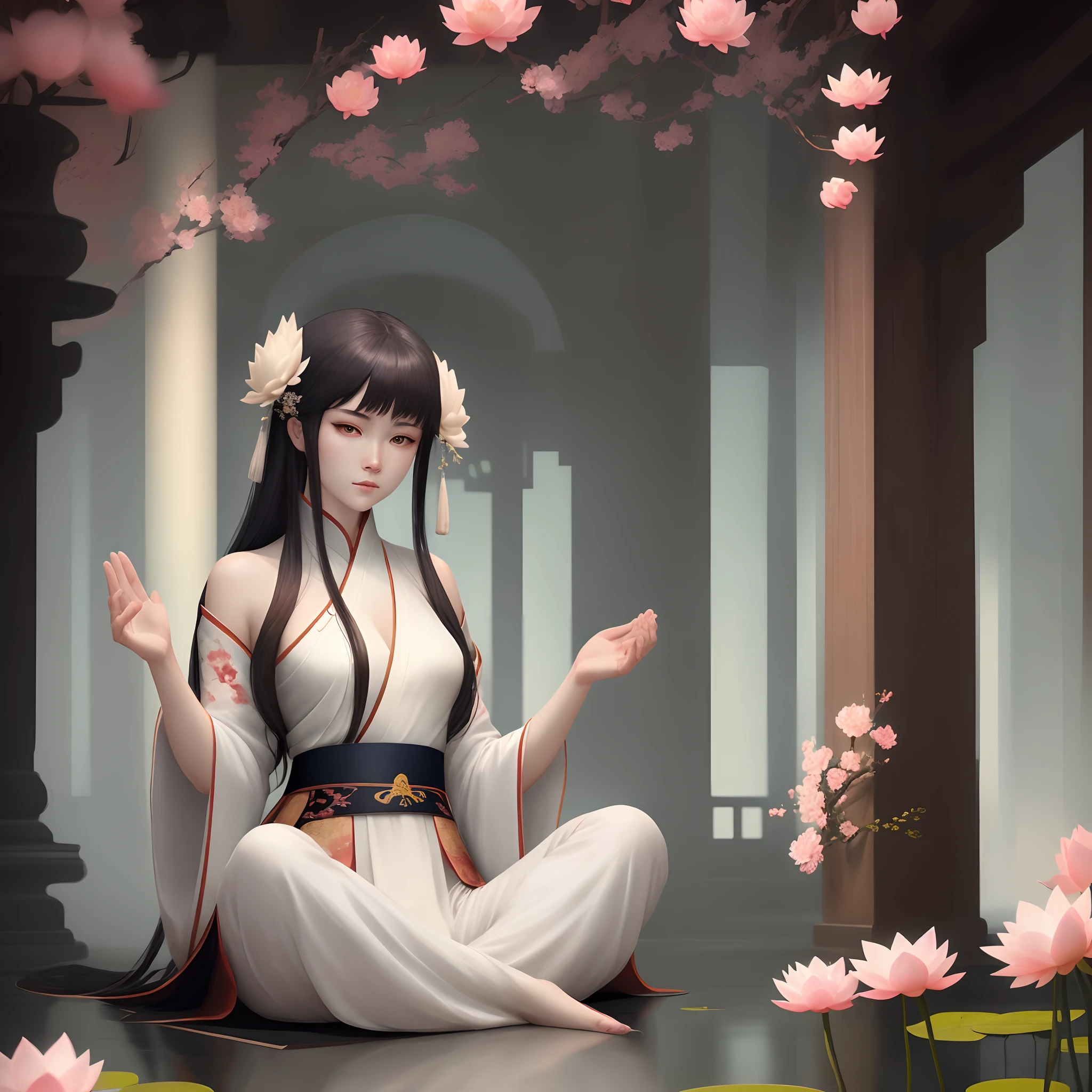there is a woman sitting in a lotus pose with flowers, white hanfu, artwork in the style of guweiz, palace , a girl in hanfu, guweiz, beautiful digital artwork, trending on cgstation, hanfu, Middle metaverse, with acient chinese clothes, by Yang J, chinese painting style, guweiz masterpiece