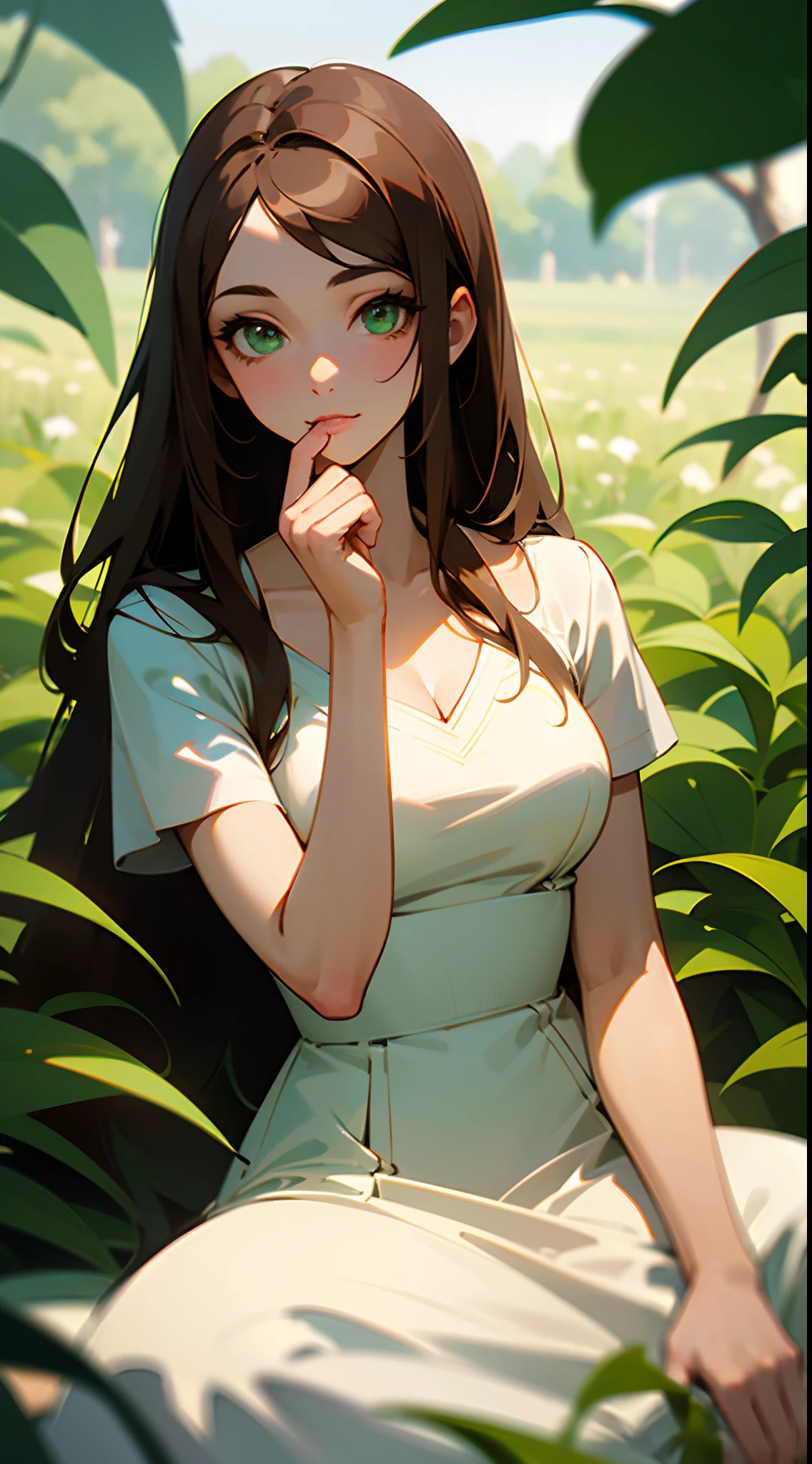 (masterpiece, best quality),1girl with long brown hair sitting in a field of green plants and flowers, green eyes, her hand under her chin, warm lighting, white dress, blurry foreground