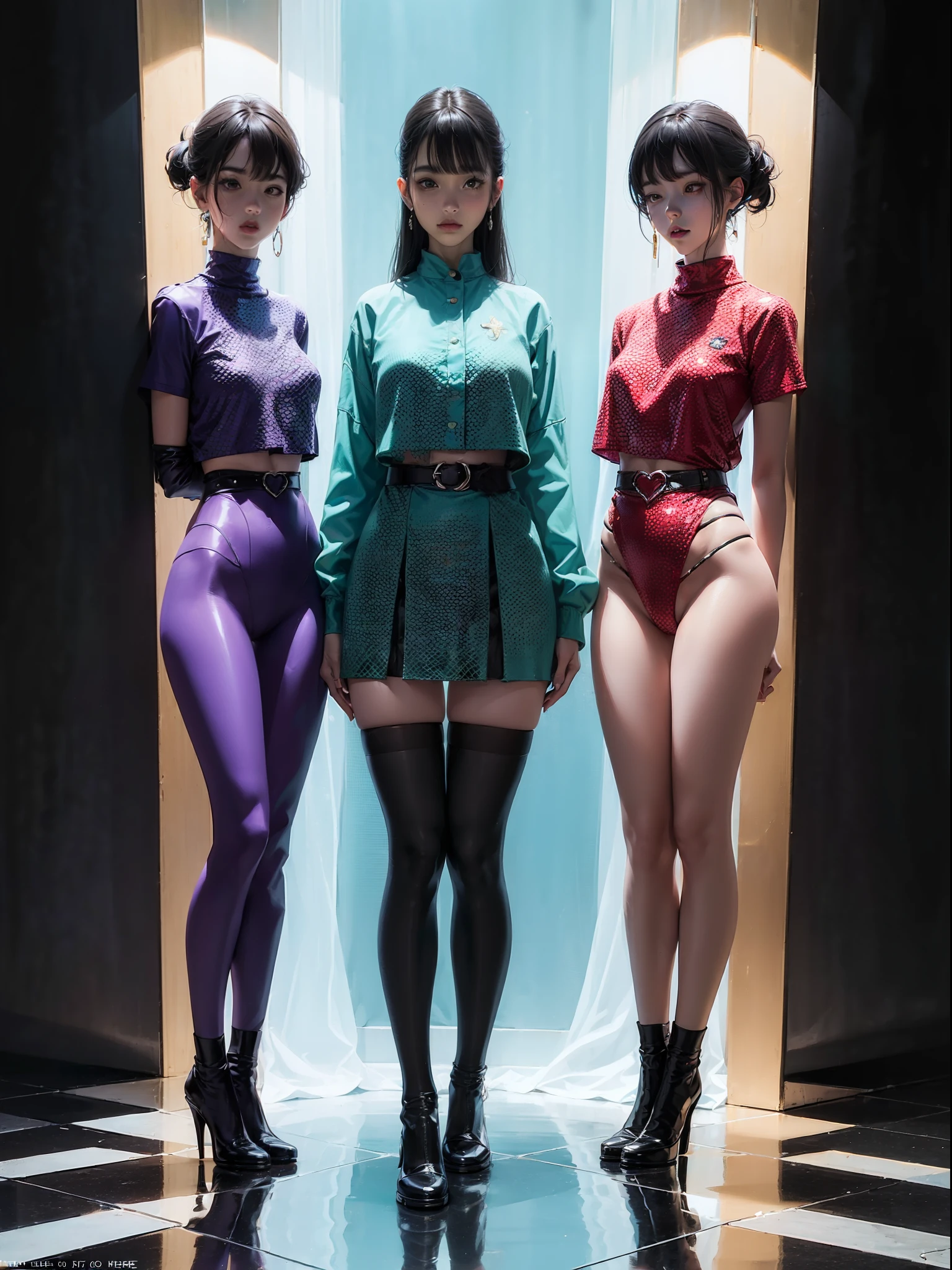(Full body shot:2), anatomy correct, Must show your face, dancing pose, Must wear pointee-heeled leather shoes, (In pink|amarelo|blue colors|green color|red colour|white colors|black in color|purpleish color|greys|Beige|Skin color), Wearing a JK student uniform, Over-the-knee stockings,(gloss on the skin:1.3),Many jewelry, A shallow laugh, anatomy correct, Complex and diverse backgrounds, hyper HD, Ray traching, reflective light, structurally correct, Award-Awarded, high detal, lightand shade contrast, Face lighting, tmasterpiece, super detailing, high high quality, high detal, best qualityer, Reflectors, 16k