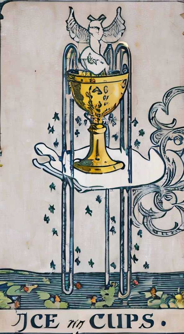a close up of a tarot card with a bird on a chair, rider-waite tarot, overturned chalice, the sacred cup of understading, old-fashioned tarot card, “ golden chalice, [ tarot card ]!!!!!, as a tarot card, knight of cups, tarot card, overturned ornate chalice, tarot!!, rider waite card