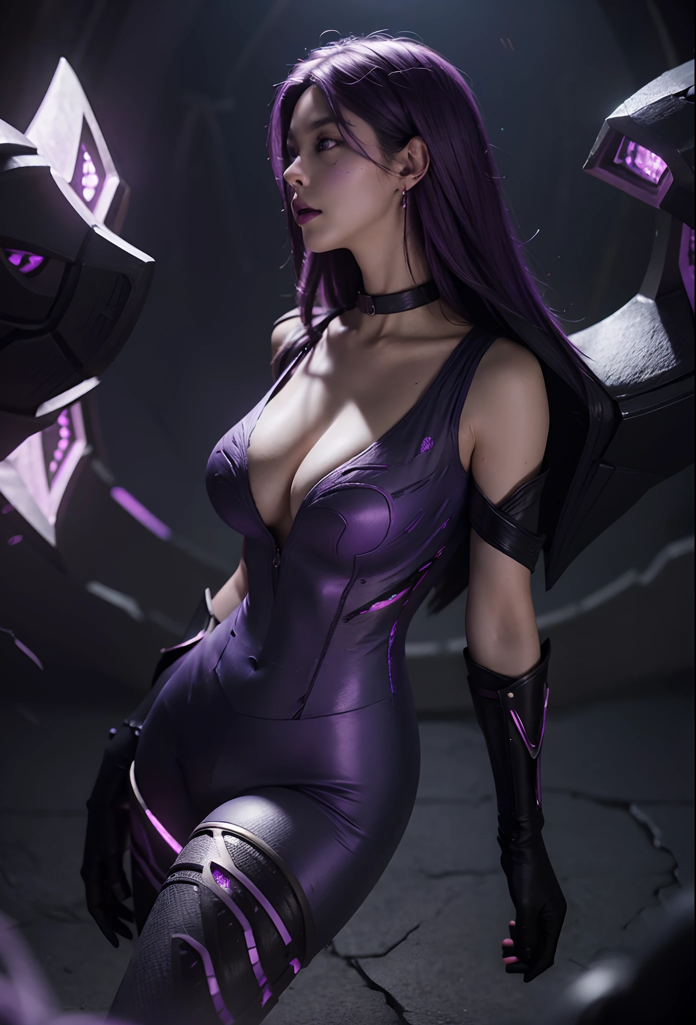 s the perfect face,Nice face,perfect hand,1girll,Kai'Sa,league of legend,Kai'Sa,Purple wings,Deep purple hair,Purple lips,(Purple glowing eyes),(Purple pattern on the face),Purple earrings,(Black collar),Big breasts tightened,Serious expressions,intense glare,looking toward the viewer,From the front,(dynamicposes),(Wings of the Void),arma,tmasterpiece,the Extremely Detailed CG Unity 8K Wallpapers,best qualtiy,32K,Focus Clear,Cyber City,neonlight,light circles,The background is a black hole,Purple Leather Pants,(The navel glows purple),Purple glow at the waist,Purple areola,(Pronounced vest line),Do yoga