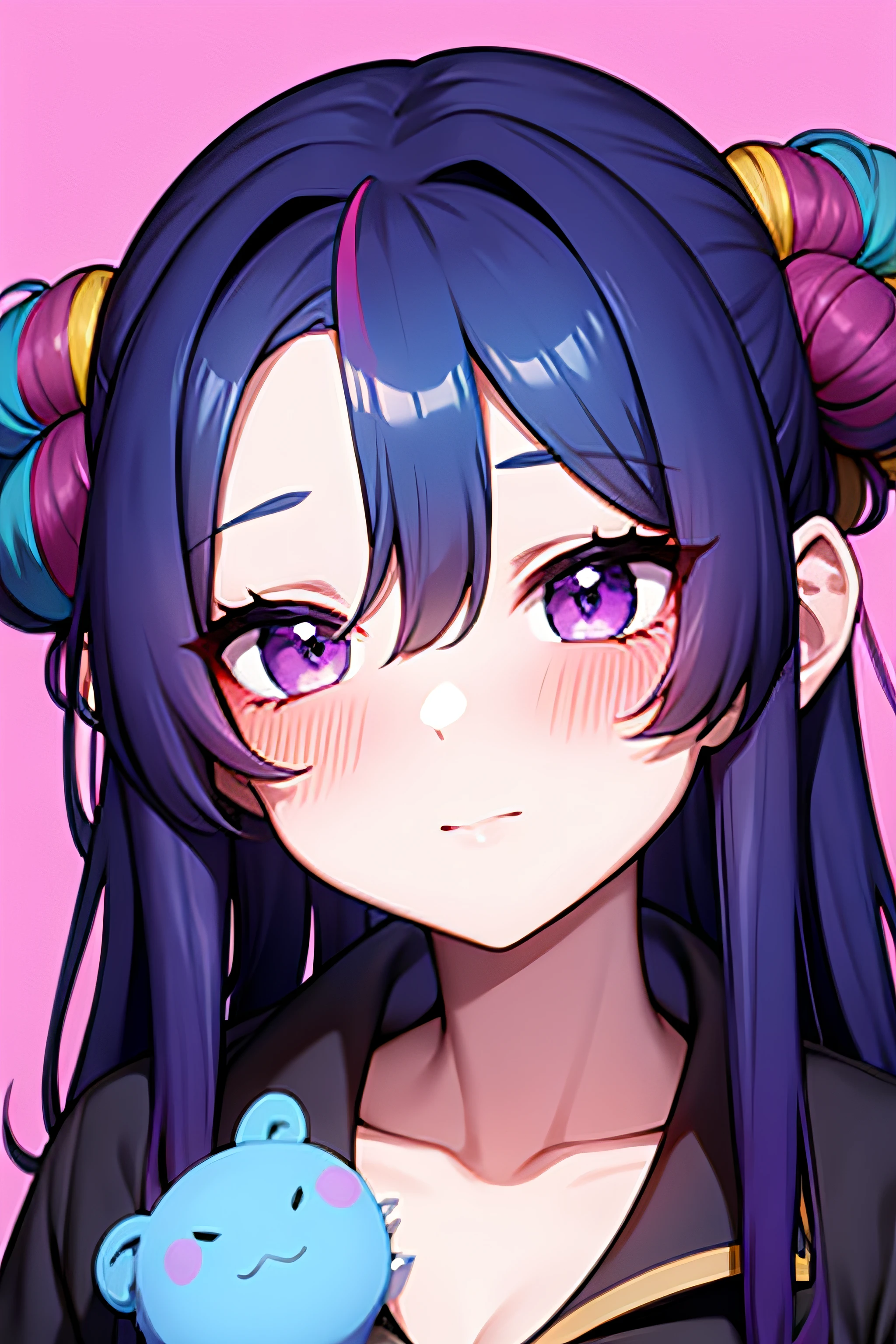 rainbow hair, Face of a woman in a dark studio, long eyeslashes, brincos, Hair Accessories, blush, colar, camisa intrincada, pele detalhada, (poros da pele: 0,7), lindo raio, dof, (ulzzang-6500-v1.1:0.2) , [Empire-style:2]