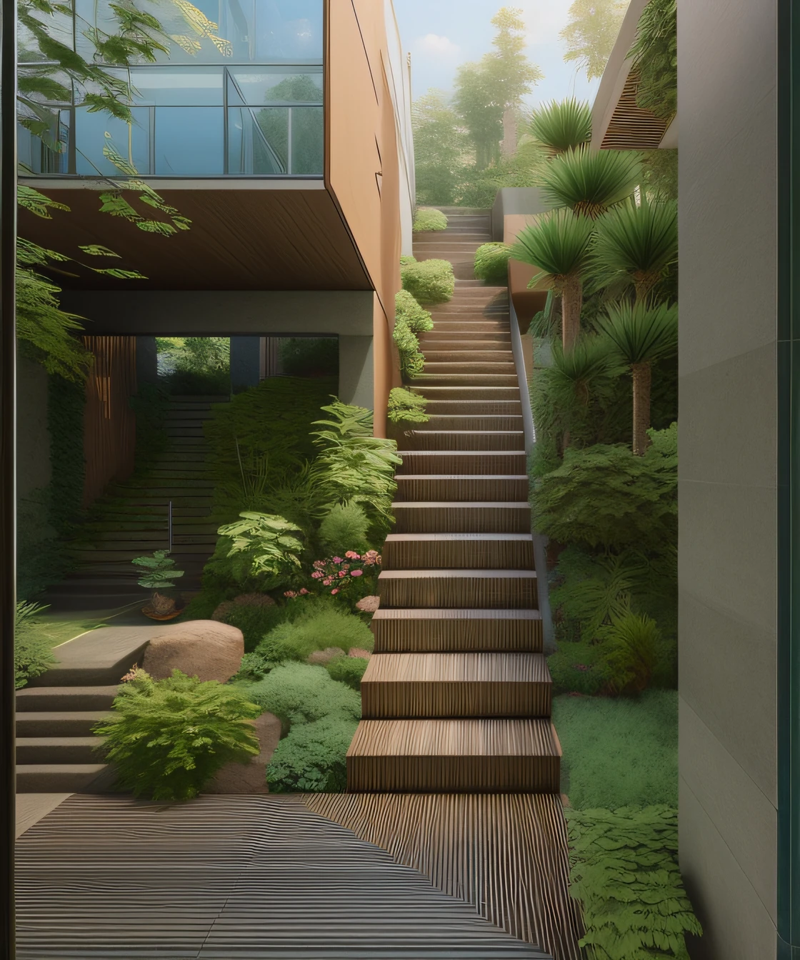 You can see the stairs leading to the building, natural realistic render, rendered in unreal engine 4k hq, rendered in unreal engine 4 k hq, dense with greenery, photoreal render, Realistic garden, outdoor staircase, unreal engine realistic render, beautifully detailed render, super realistic render vray, very realistic render, vray render, Vray rendering