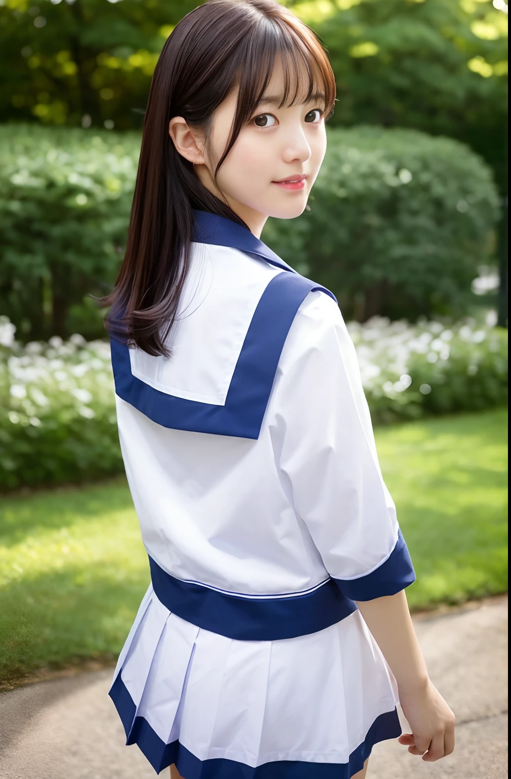 Close up portrait of woman walking in park in sailor suit、Japan Person Model、Young Sensual Gravure Idol、Young cute gravure idol、Realistic Young Gravure Idol、Realistic sensual gravure idol、Young gravure idols、sophisticated gravure idol、奈良美智、Young skinny gravure idol、beautifull asian girl ever、oppai、cute little、Rear view、turned around、