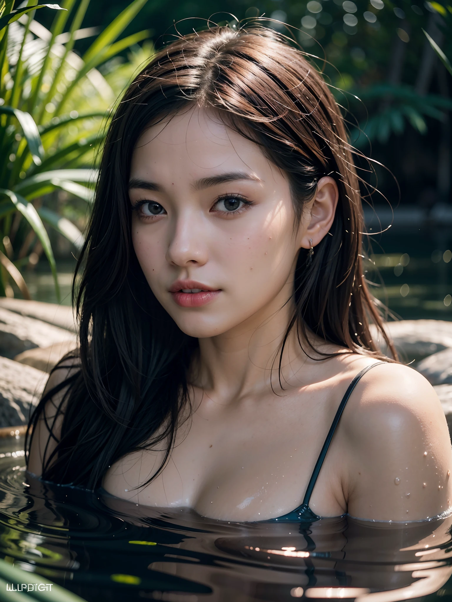 Cute woman bathing in the river(GLDOT)Close up of、reed、(back lighting)、realisitic、​masterpiece、top-quality、de pele branca,Fine-grained skin,a beauty girl,Face without wrinkles