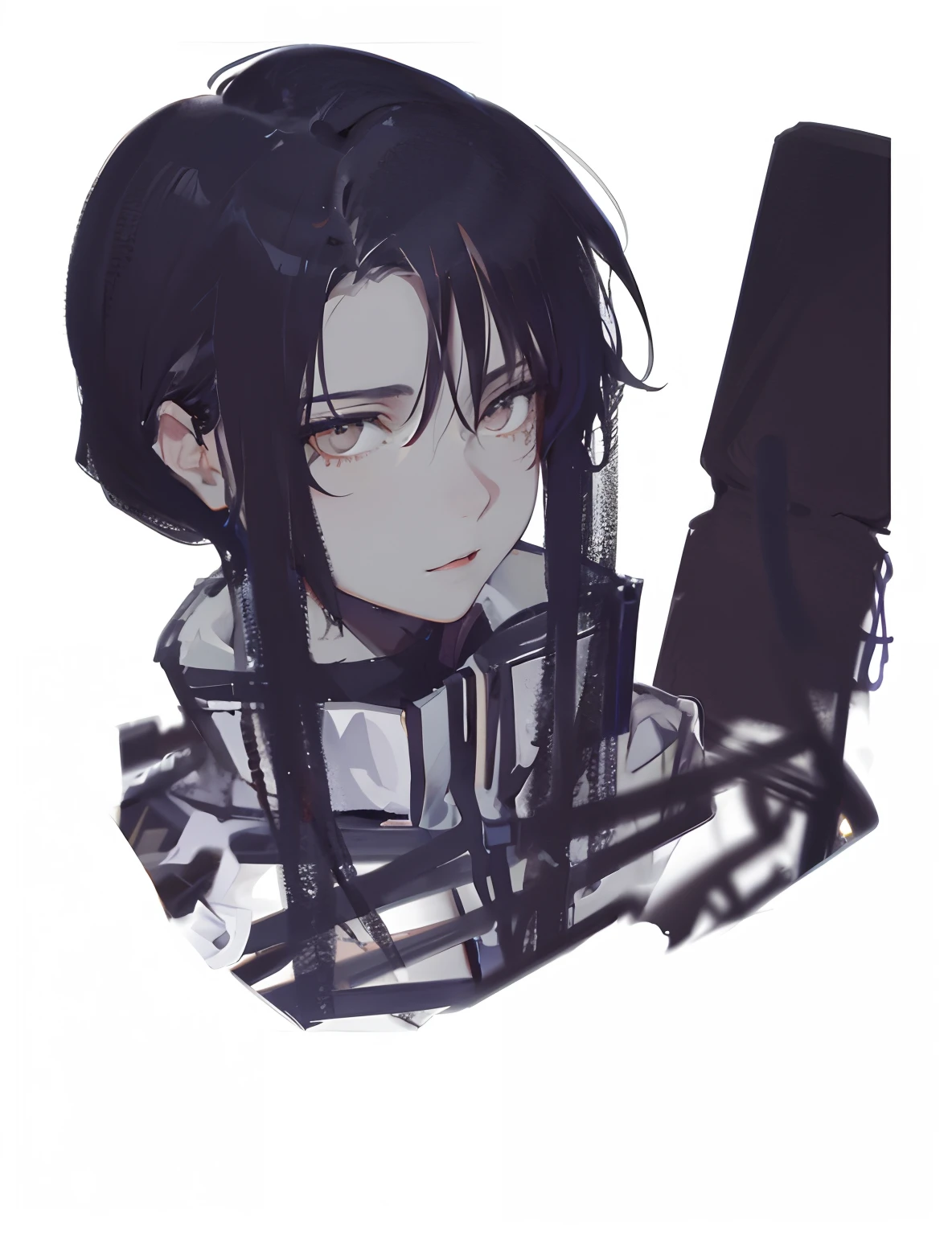 (Detailed beautiful eyes and detailed face,Masterpiece side light,tmasterpiece,best qualtiy,A detailed,high-resolution illustrations),(1 girl,beuaty girl,shiny skins,low head,looking at viewert),(Dark gray hair,Light golden eyes,white shirt,black long pants)(Side Body、Slender legs,The waist is very thin)(45-degree top view)