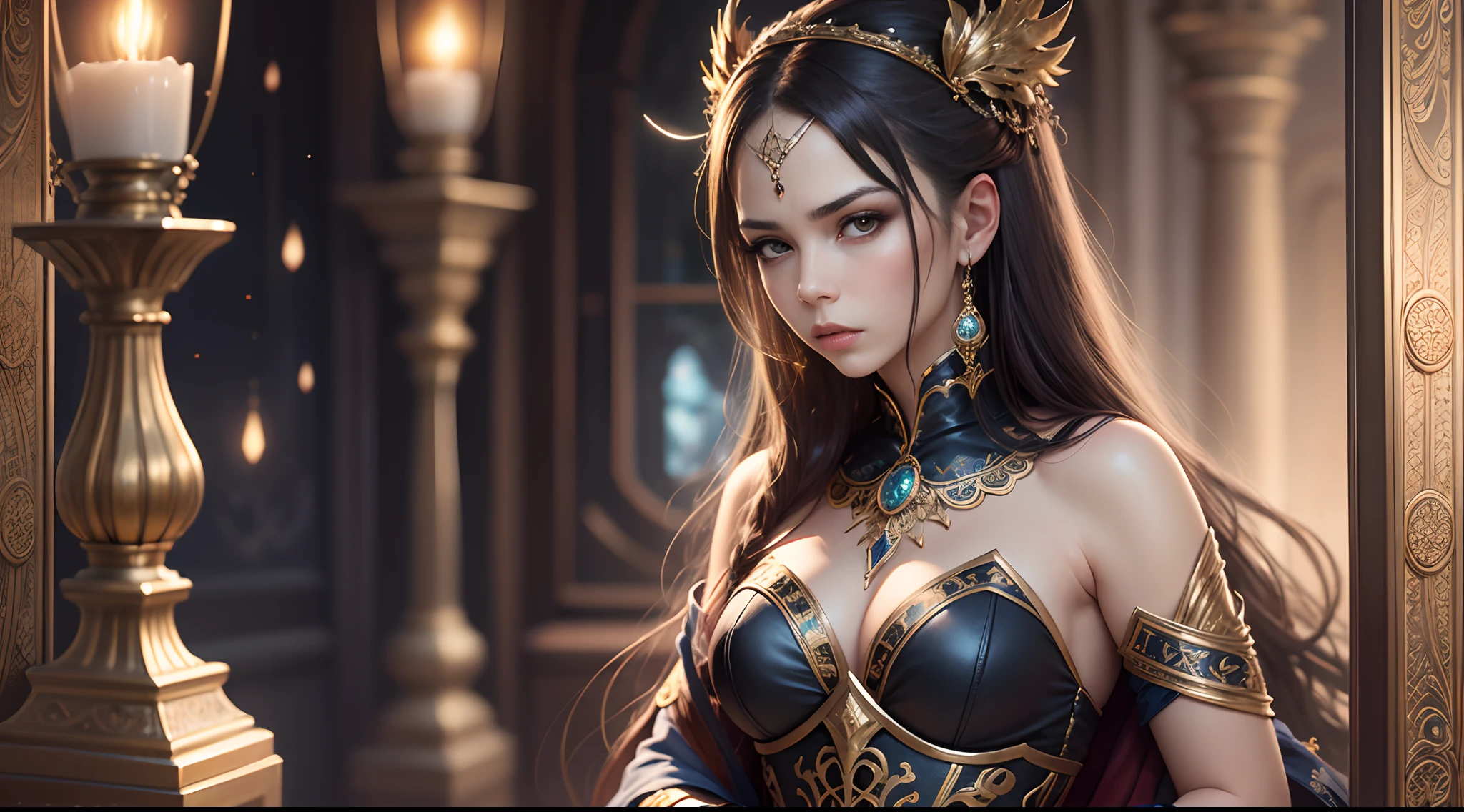 Create a tarot card with the theme of 'The Magician,' featuring a sensual and attractive female character with a displeased or sullen expression. The overall style should resemble that of Magic: The Gathering, yet the face must be drawn in a realistic Japanese anime style. The border and frame of the card should be ornate and luxurious, adorned with intricate patterns and rich embellishments. Focus on the magical and mysterious aura, infusing the design with details that convey the essence of enchantment --auto --s2