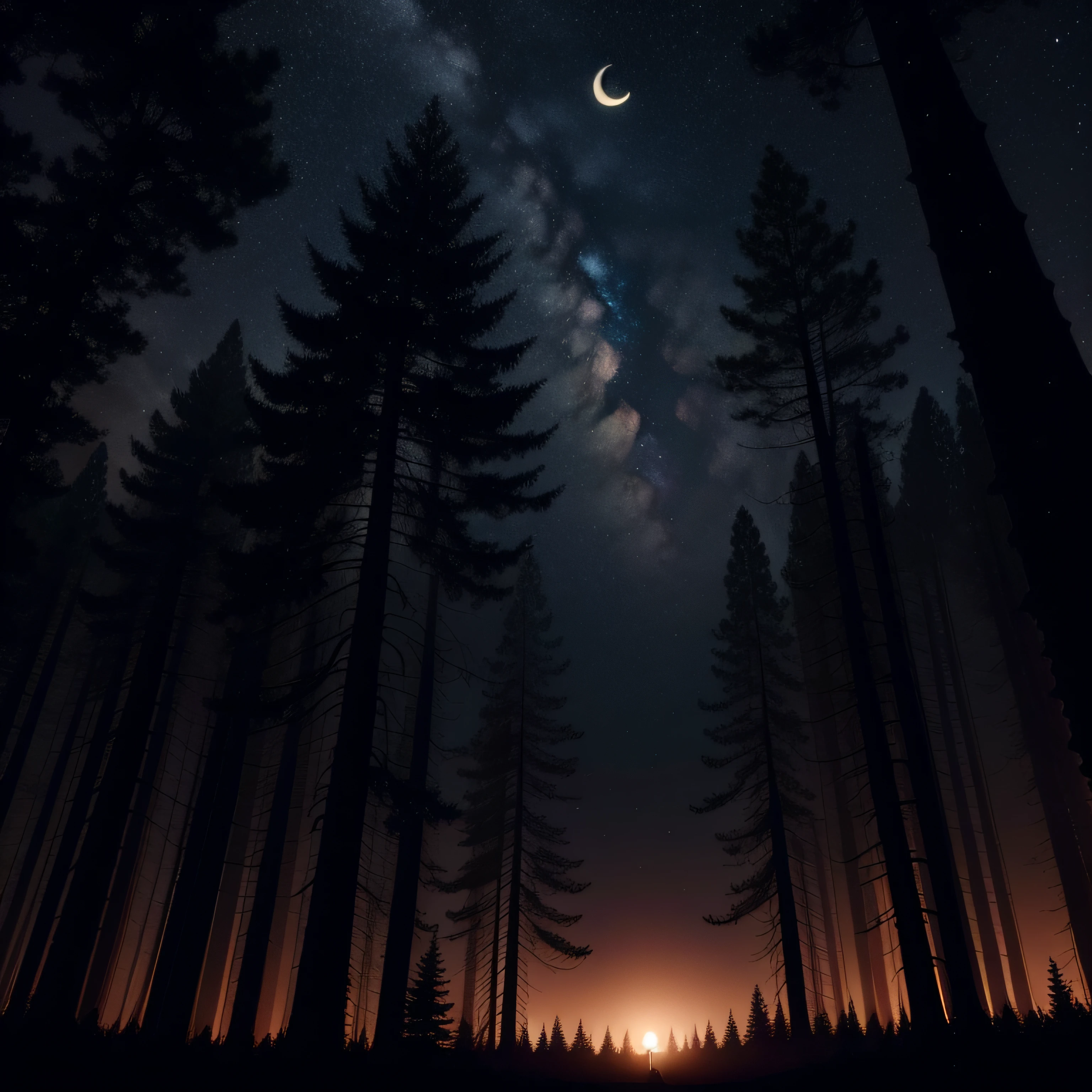 Night scene with tall trees and a crescent moon shining in the starry sky. The shadows create an atmosphere of mystery