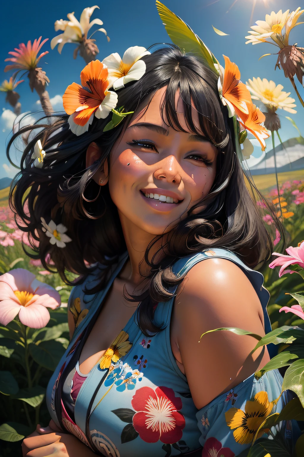 create a close up shot of a 30 year chubby 150 lbs. bronze native Hawaiian woman with jet black hair with a slight smile mouth closed in a field of Hawaiian flowers almost over her her, covered by many Hawaiian flowers and joy.