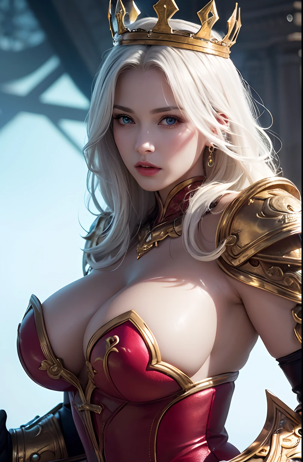 offcial art, Unity 8k wallpaper, Ultra detail, Masterpiece, Best quality, A woman who is, (Very detailed),(RAW photo, Best quality), (Realistic, Photorealistic:1.3), High definition, Very wide open mouth, ultra-detailed complex 3D rendering of face, (Big breasts: 8.8), (Highly detailed skin: 1.2), (exposure: 1.1), Beautiful Caucasian Woman,Plump soft breasts and fair skin with big ass (Topless), Breasts, White hair, Blue eyes, Long hair, (translucent pink dress), Dynamic Angle, enigmatic expression, fire glow effect, Fantasy background, rim lit, Side light, Cinematic light, hyper HD, 8K, filmgrain,Best shadow, Light particles, Detailed skin texture, Detailed jewel armor texture, Detailed face, intricately details, Super detailed, Bright, Strong, Gold armor, cleavage, Slender abs, have glowing weapons, have a shield, pole dron, ((beautiful huge crown with detail)), Shining eyes, long red cloak, fantasy, (Realistic),