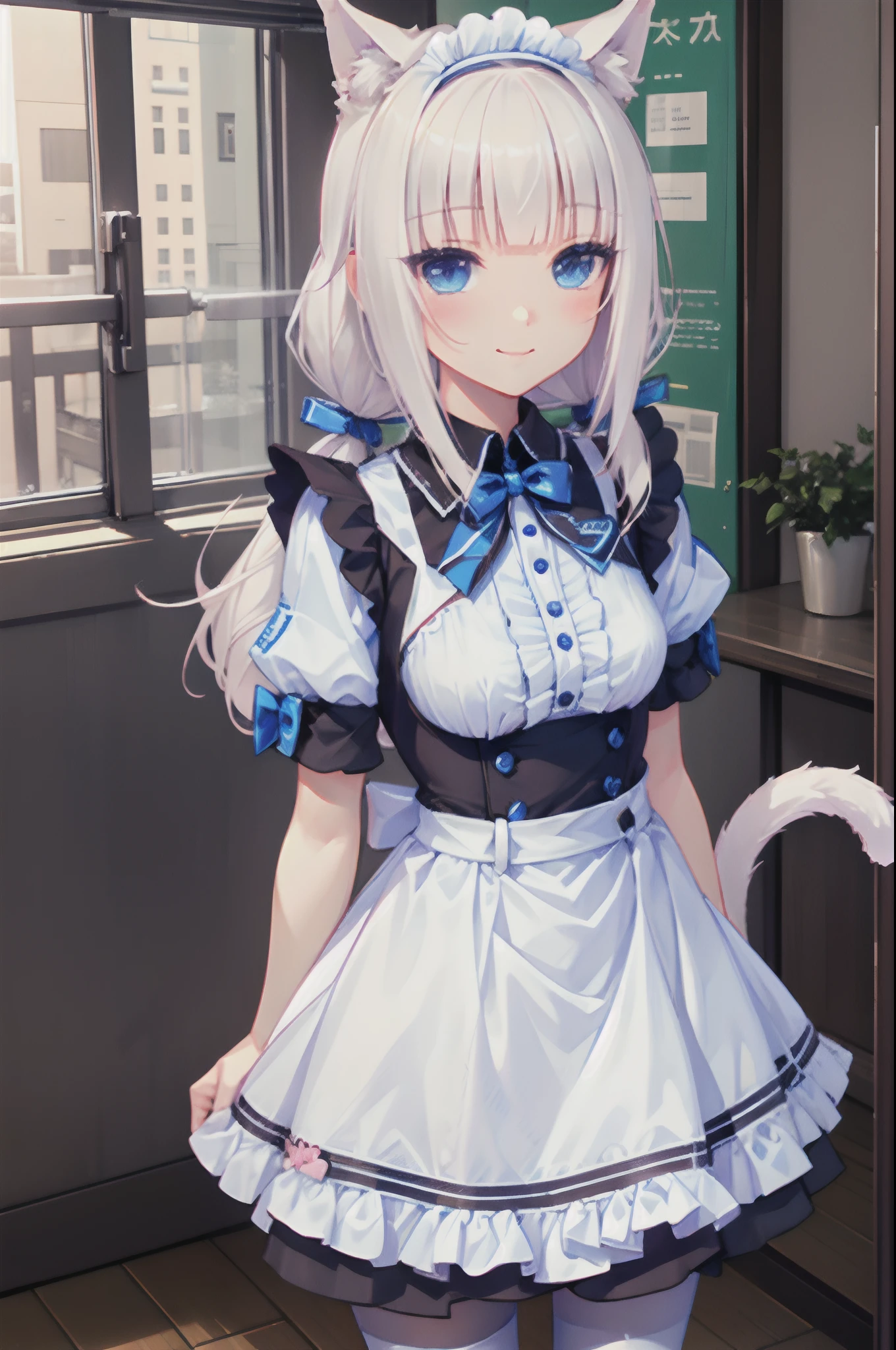 nekopara vanilla, white long low twin tails, blue eyes, vanilla uniform, maid dress, cat ears, cat tail, smiling.