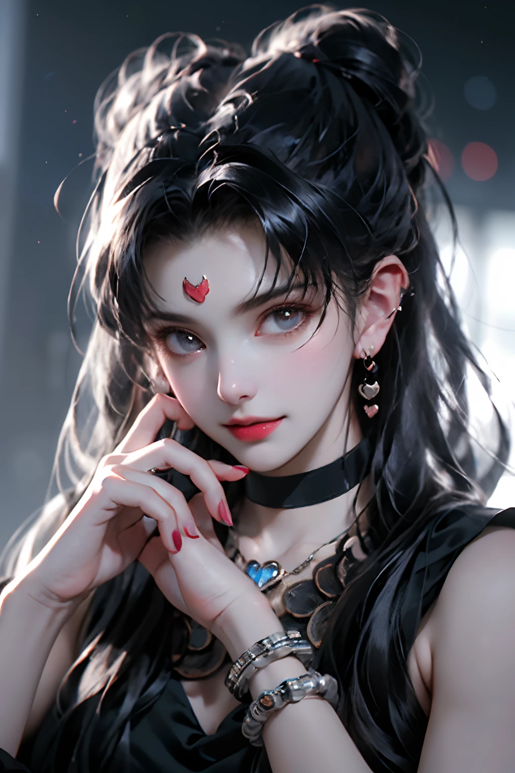 Masterpiece,Best quality,Ultra-detailed,8K,Detailed light,detailed shadow,primitive, (Detailed skin),(Realistic:1.2),
1girll,face,
Pilyeon, Black nails, jewelry, Long hair, view the viewer, choker necklace, necklace,Piercing, White background, Heart, Closed mouth, With gray eyes, nail polish, Simple background, Black hair, Ear piercing, Black necklace, Smile, eyeslashes, Lips, hand on own cheek, bangs, Bracelet, Beads, Pedras preciosas, Earrings, finger nails