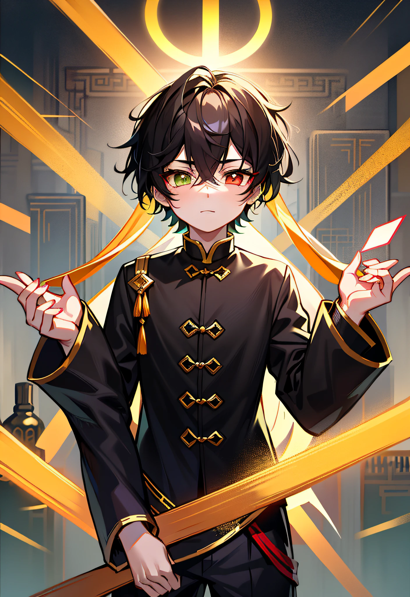 Ultra-clear 8K masterpiece,The golden angel embraced the boy,Boy with black hair, green eyes, red eye shadow,Q version style,Green long-sleeved Chinese children's clothing,face expressionless,noble