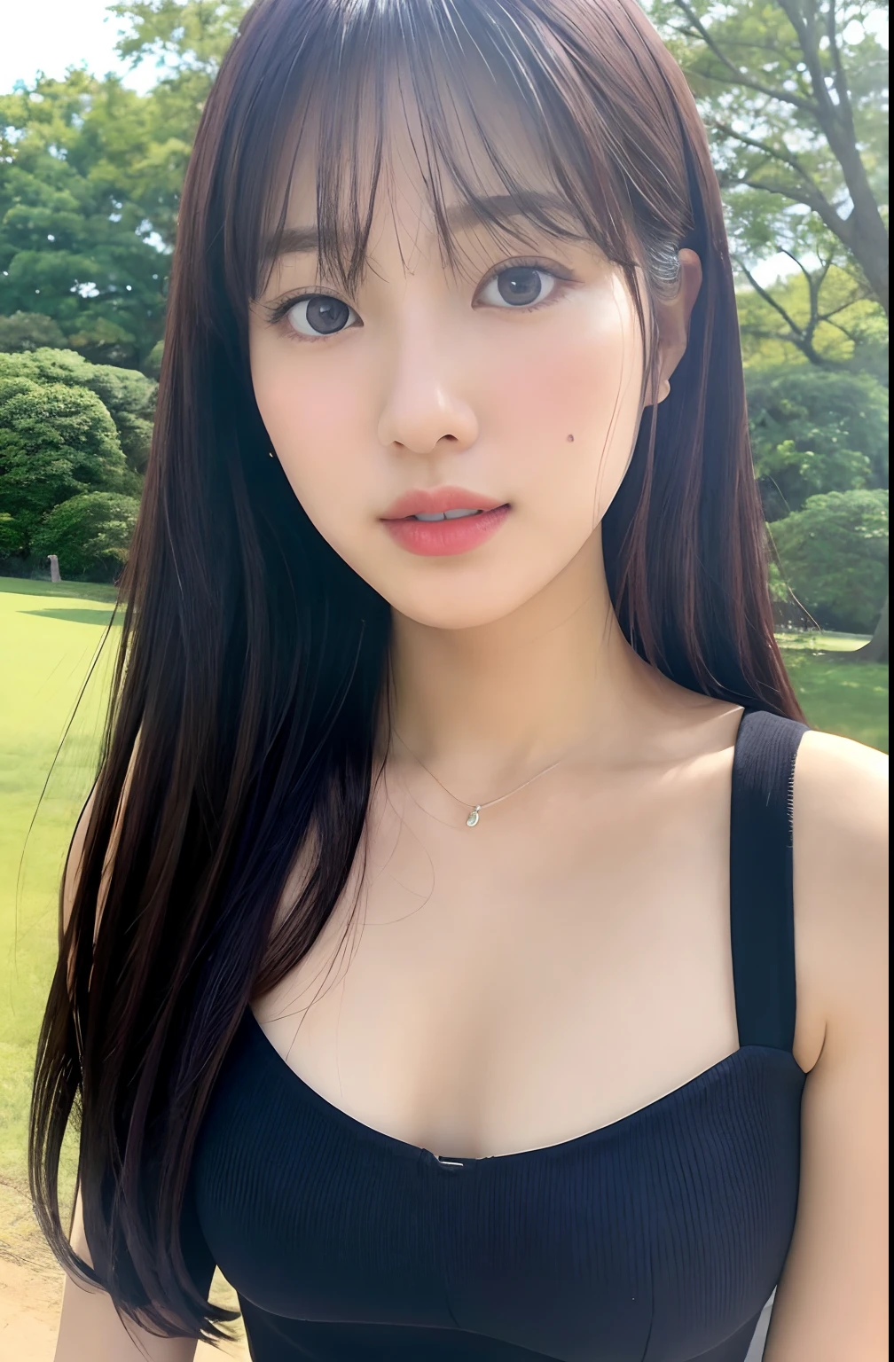Close up portrait of woman walking in park in black dress、Japan Person Model、Young Sensual Gravure Idol、Young cute gravure idol、Realistic Young Gravure Idol、Realistic sensual gravure idol、Young gravure idols、sophisticated gravure idol、奈良美智、Young skinny gravure idol、beautifull asian girl ever、oppai、