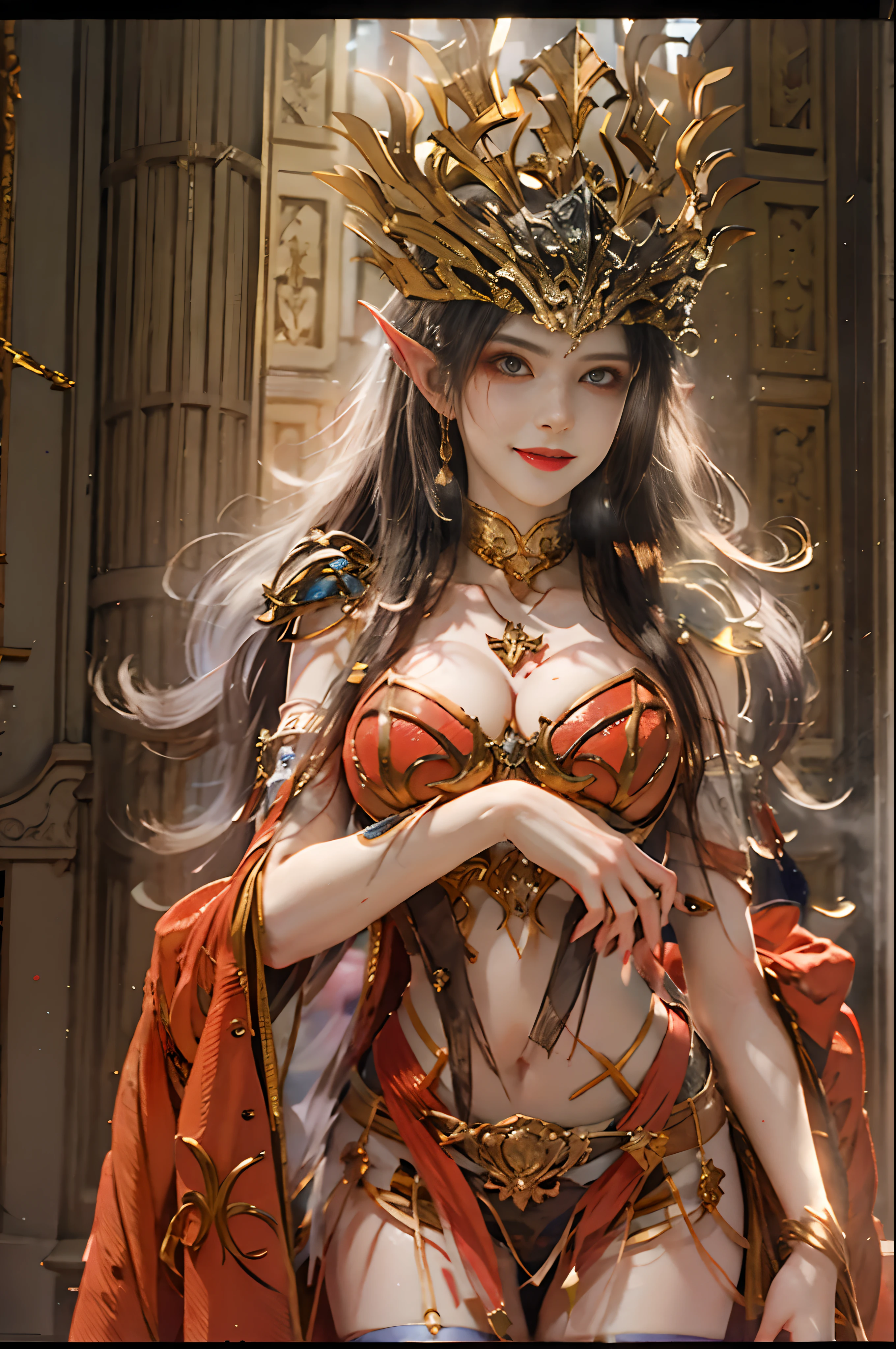 tmasterpiece, Best quality at best,Beautiful and elegant elf queen posing in a room dressed in gold and red,Her breasts and buttocks were large,The slender waist has a smooth line,Very beautiful black hair, Light smile, Ear blush, crown, Drill hair, surrealism, shadowing, anaglyph, stereograms, tachi-e, angle of view, Atmospheric perspective, From below, f/4.0, Nikon, Sony FE GM, 8K, Super detail, ccurate, Best quality, Masterpiece, UHD beautiful mature woman with crown,huge boob,The chest is wider than the shoulders,perfect body figure,Crotch shoulder to shoulder,Exquisitehands,Fleshy thighs,The barefoot,Walk the red carpet of the temple,A temple of classics