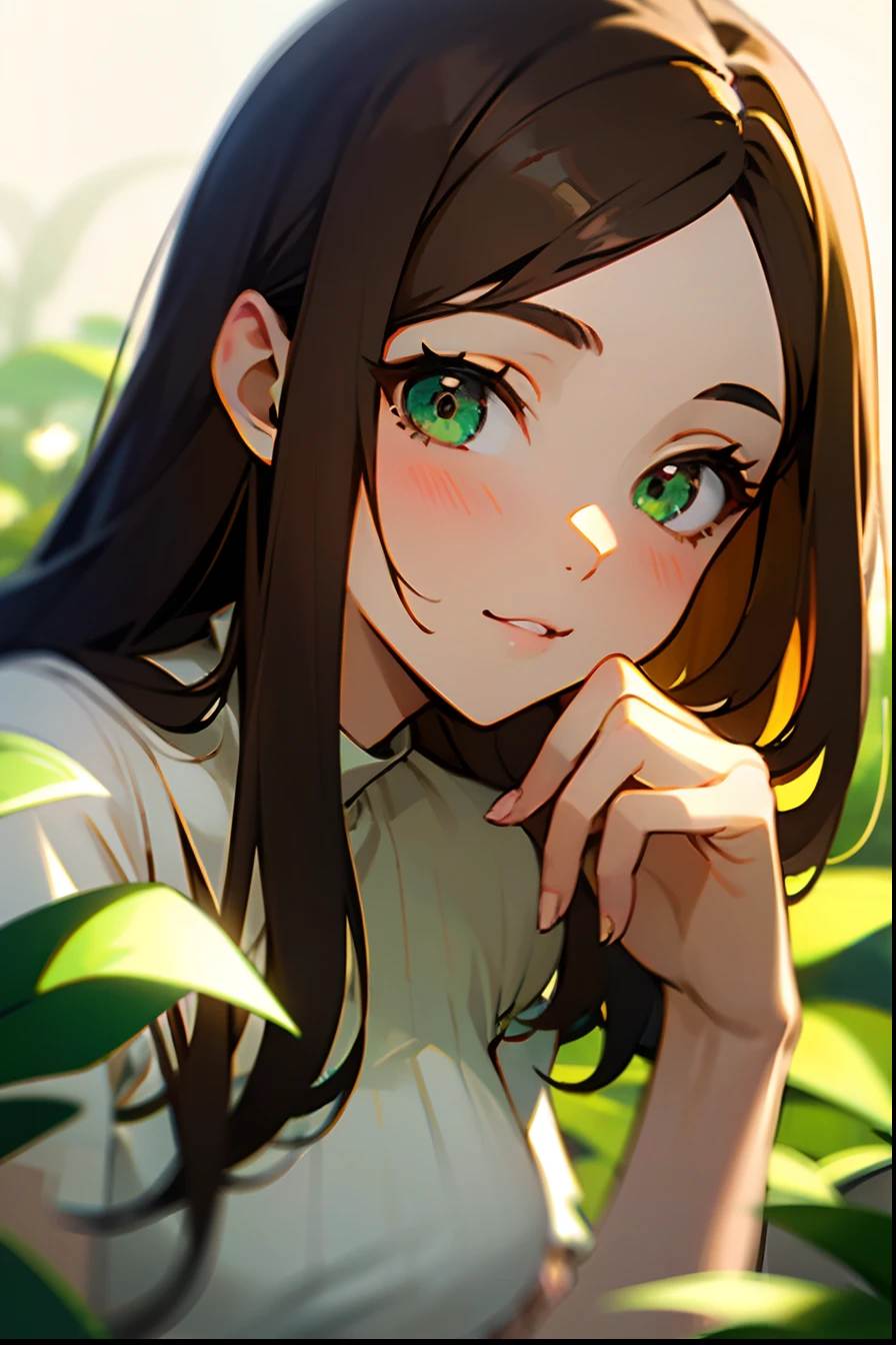 (masterpiece, best quality),1girl with long brown hair sitting in a field of green plants and flowers, green eyes, her hand under her chin, warm lighting, white dress, blurry foreground