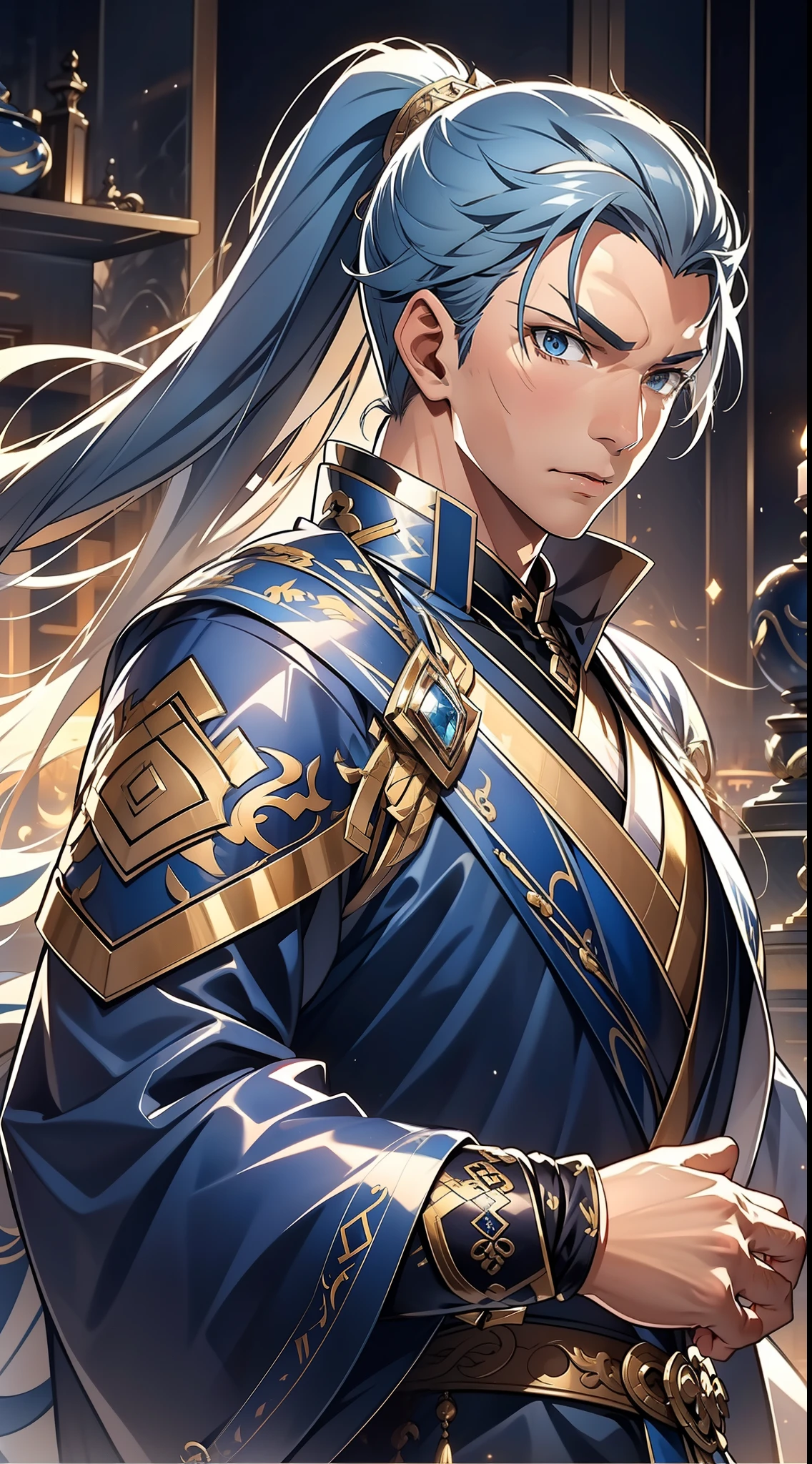quadratic element，style of anime，mtu（Male Warrior），The proportions are correct，Face details，swordsmen，High ponytail hairstyle，Neck details，There is an Adam's apple，Blue suit，kaftan，long blue robes，clothes details，Handing over，longer sleeves，Game quality，Swordsmanship，Light and shadow tracking，Ray traching，detailed glow，cg render，hair detail，Blue long hair，blue colored eyes，Handsome，Handsome，（juvenile sense），Clothing is complicated，Perfectcomposition，Refinement，high qulity，higher details，Lots of details，The background is complex，a sense of atmosphere，