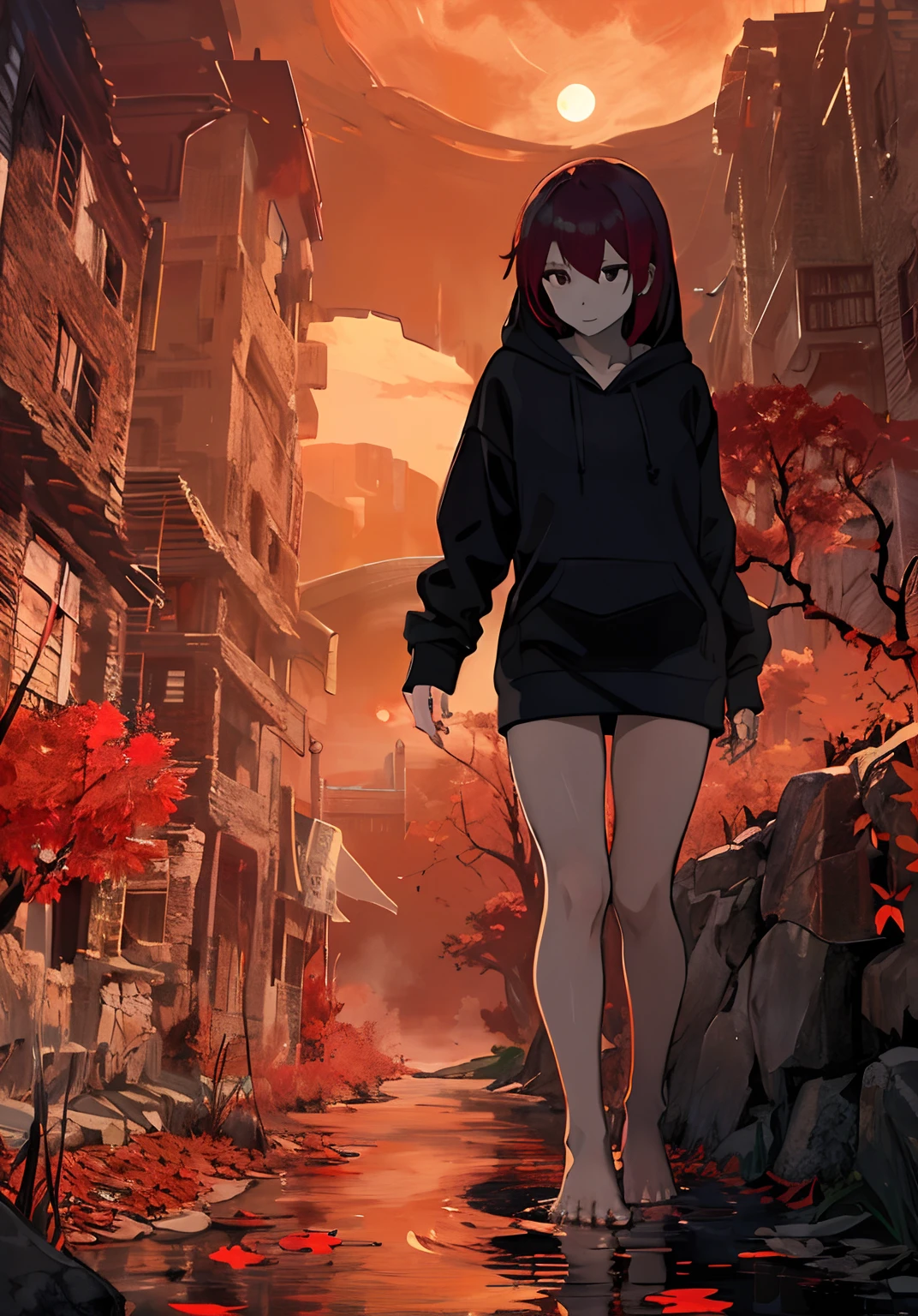 female angel, , barefoot, walking on river, hoodie, mountains, red moon, dark red leaves, foggy