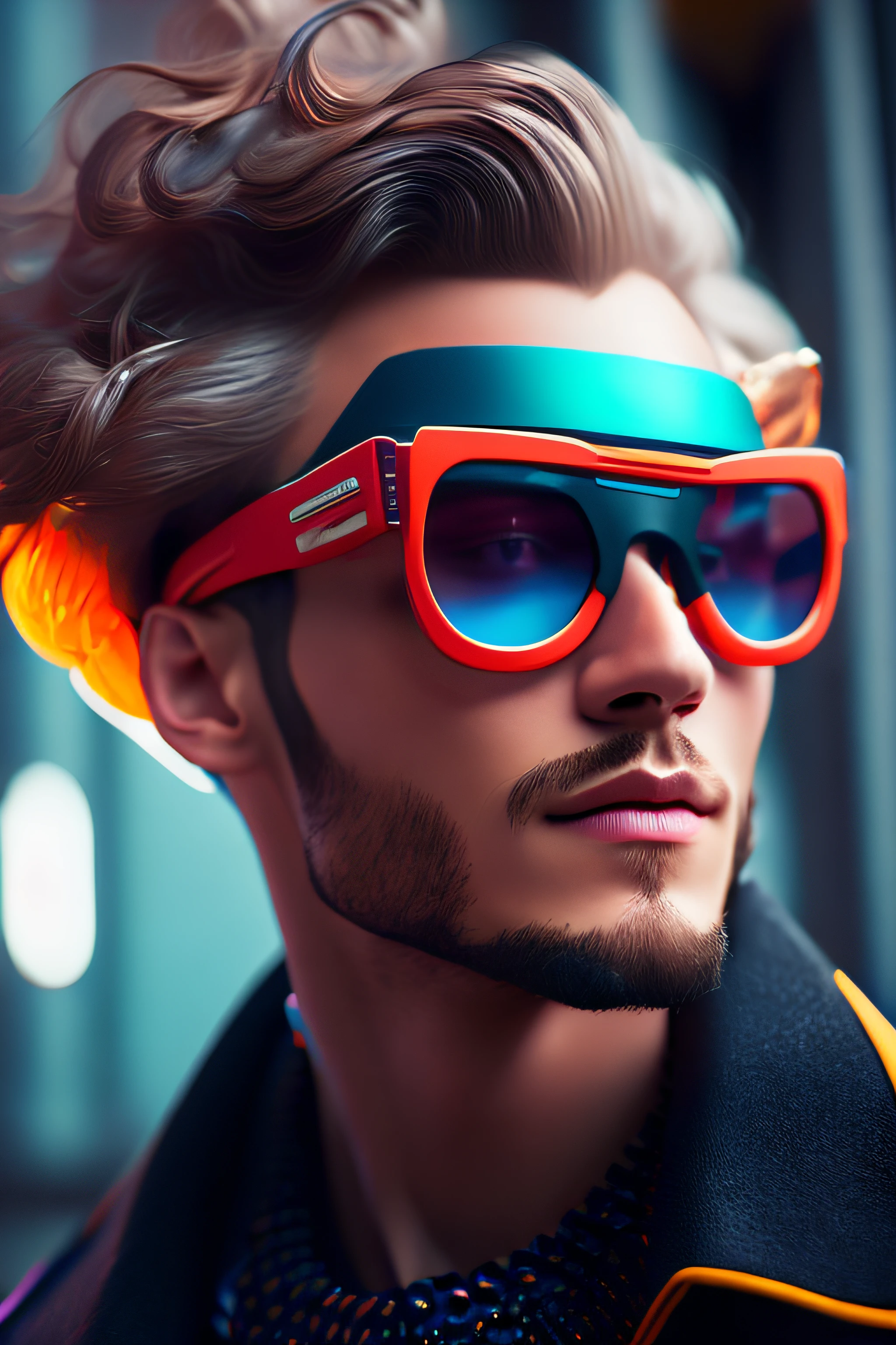 Man with sunglasses and tie wearing a colorful hat, futuristic glasses lenses, futuristic sunglasses, detalhes e cores vivas, wearing orange sunglasses, cool glasses, futurisitc sunglasses, inspirado em Egon von Vietinghoff, cyberpunk eye wear, retro futuristic style, estilo hiper realista, visual futurista, inspirado em Maximilian Cercha