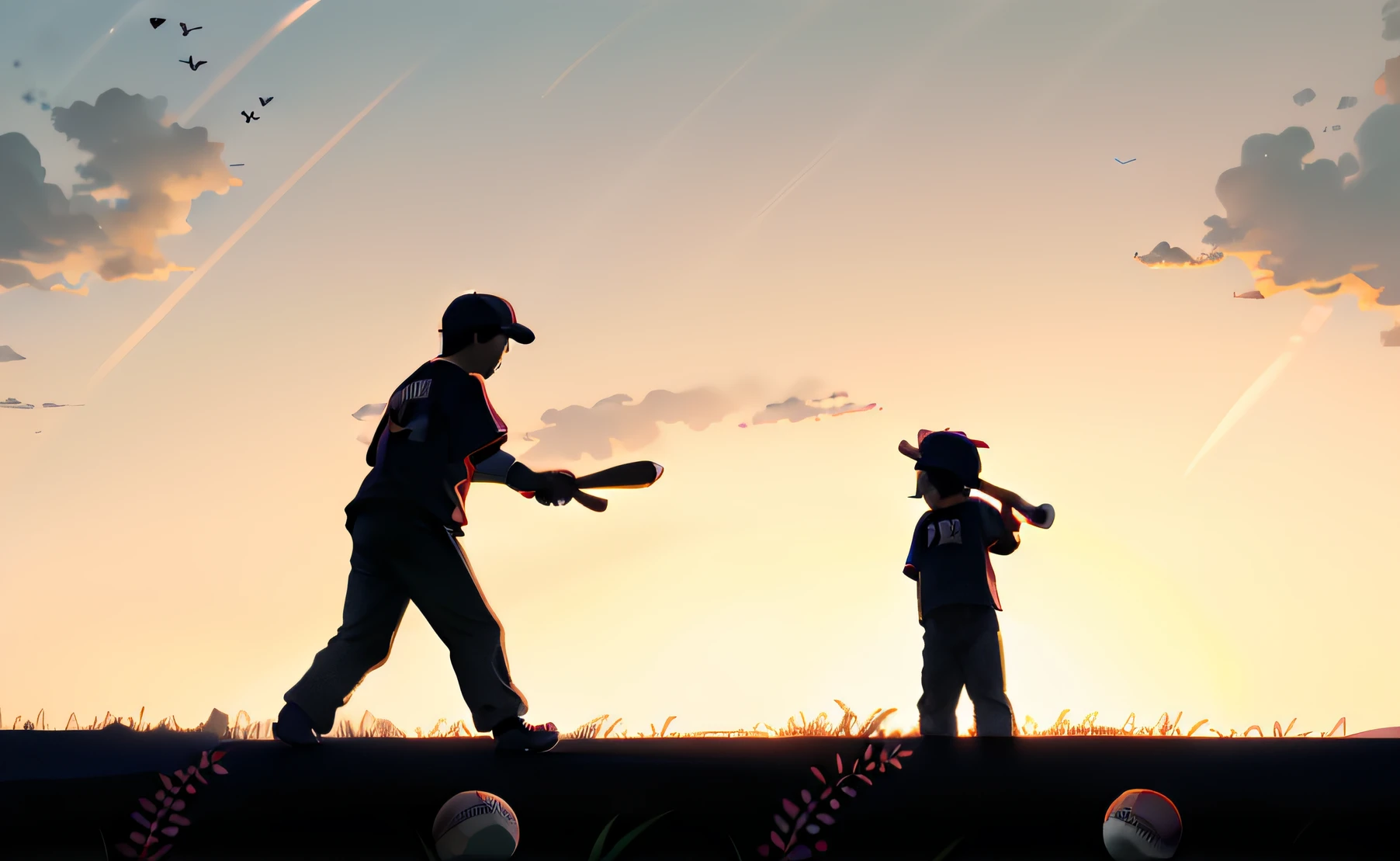 Father and son play baseball, Baseball jerseys, twilight, the sunset, Warm, The father taught his son to play baseball,Baseball field